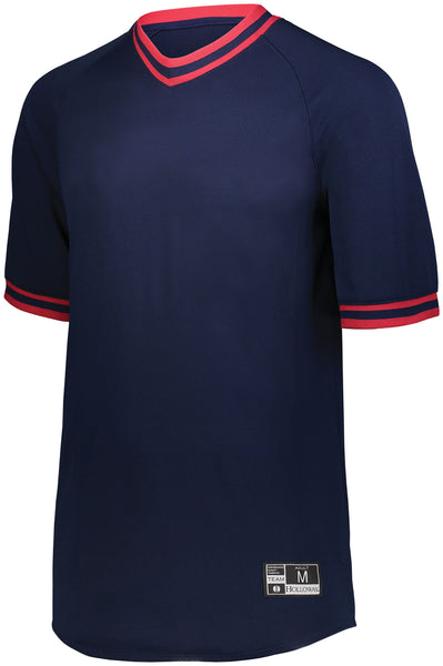 Holloway Youth Retro V-Neck Baseball Jersey in Navy/Scarlet  -Part of the Youth, Youth-Jersey, Baseball, Holloway, Shirts, All-Sports, All-Sports-1 product lines at KanaleyCreations.com