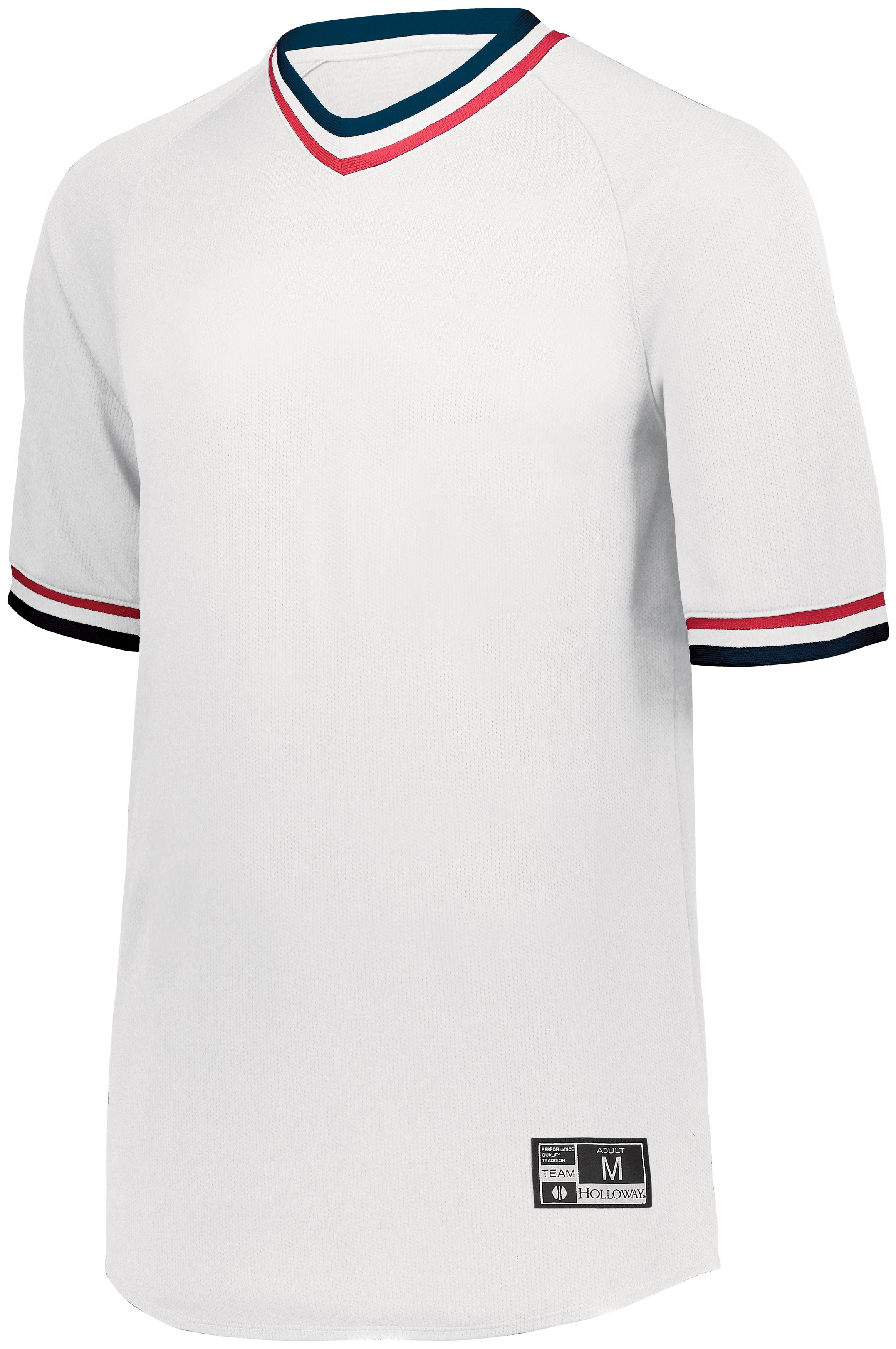 Holloway Retro V-Neck Baseball Jersey in White/Navy/Scarlet  -Part of the Adult, Adult-Jersey, Baseball, Holloway, Shirts, All-Sports, All-Sports-1 product lines at KanaleyCreations.com