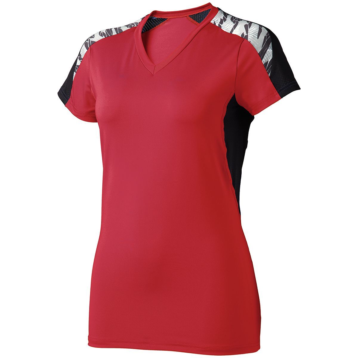 High 5 Ladies Atomic Short Sleeve Jersey in Scarlet/Fragment Print/Black  -Part of the Ladies, Ladies-Jersey, High5-Products, Volleyball, Shirts product lines at KanaleyCreations.com