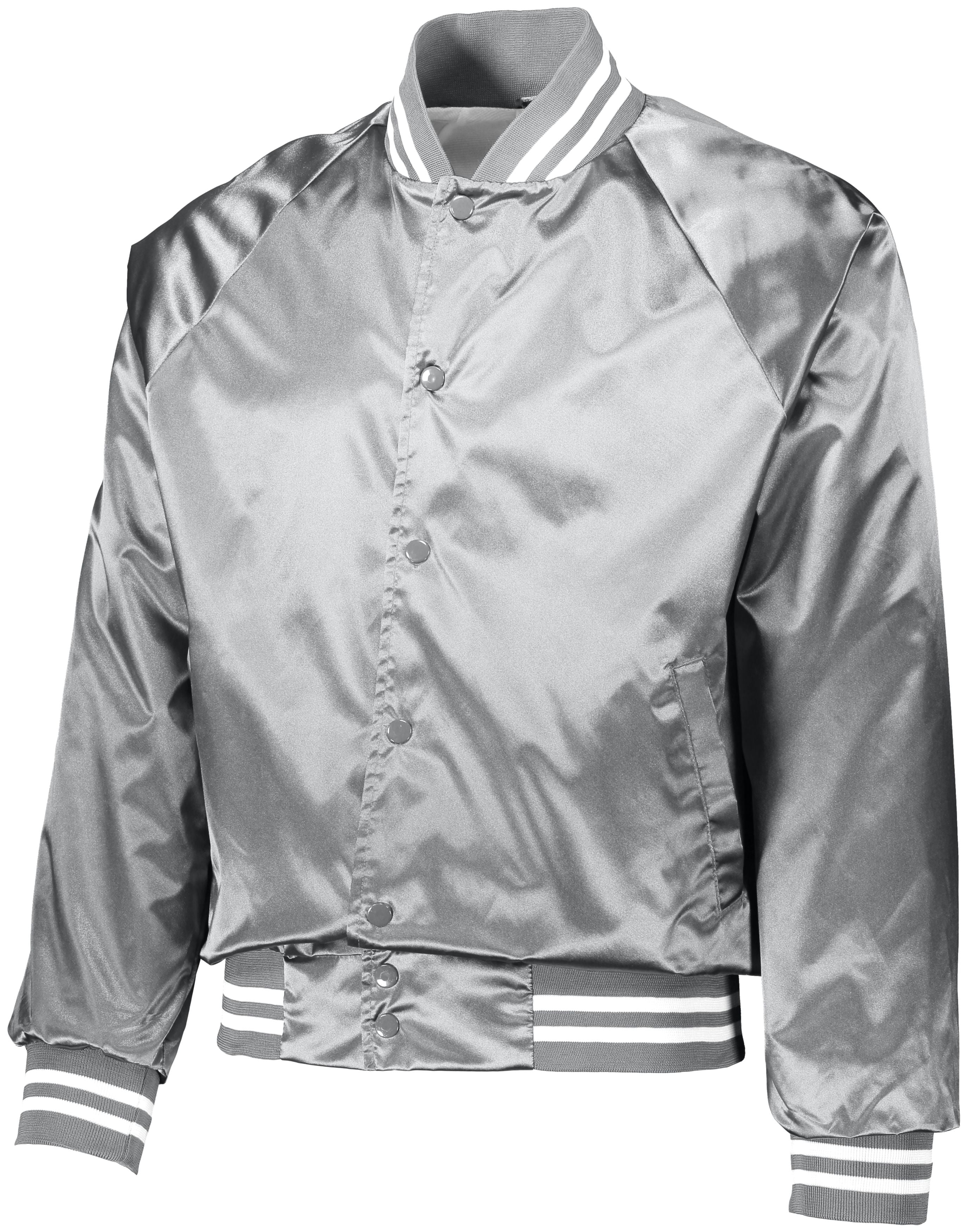 Augusta Sportswear Satin Baseball Jacket/Striped Trim in Metallic Silver/White  -Part of the Adult, Adult-Jacket, Augusta-Products, Baseball, Outerwear, All-Sports, All-Sports-1 product lines at KanaleyCreations.com