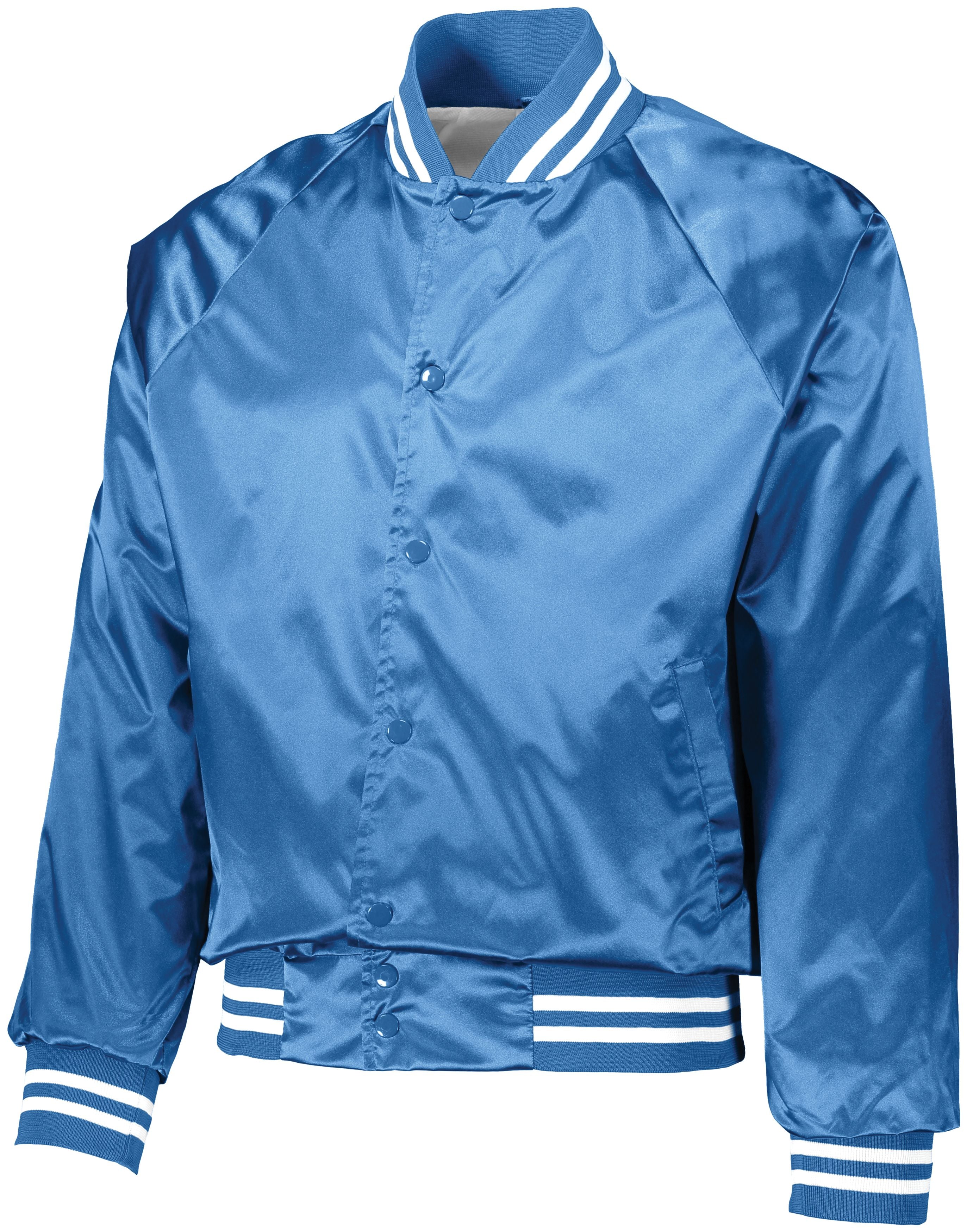 Augusta Sportswear Satin Baseball Jacket/Striped Trim in Columbia Blue/White  -Part of the Adult, Adult-Jacket, Augusta-Products, Baseball, Outerwear, All-Sports, All-Sports-1 product lines at KanaleyCreations.com