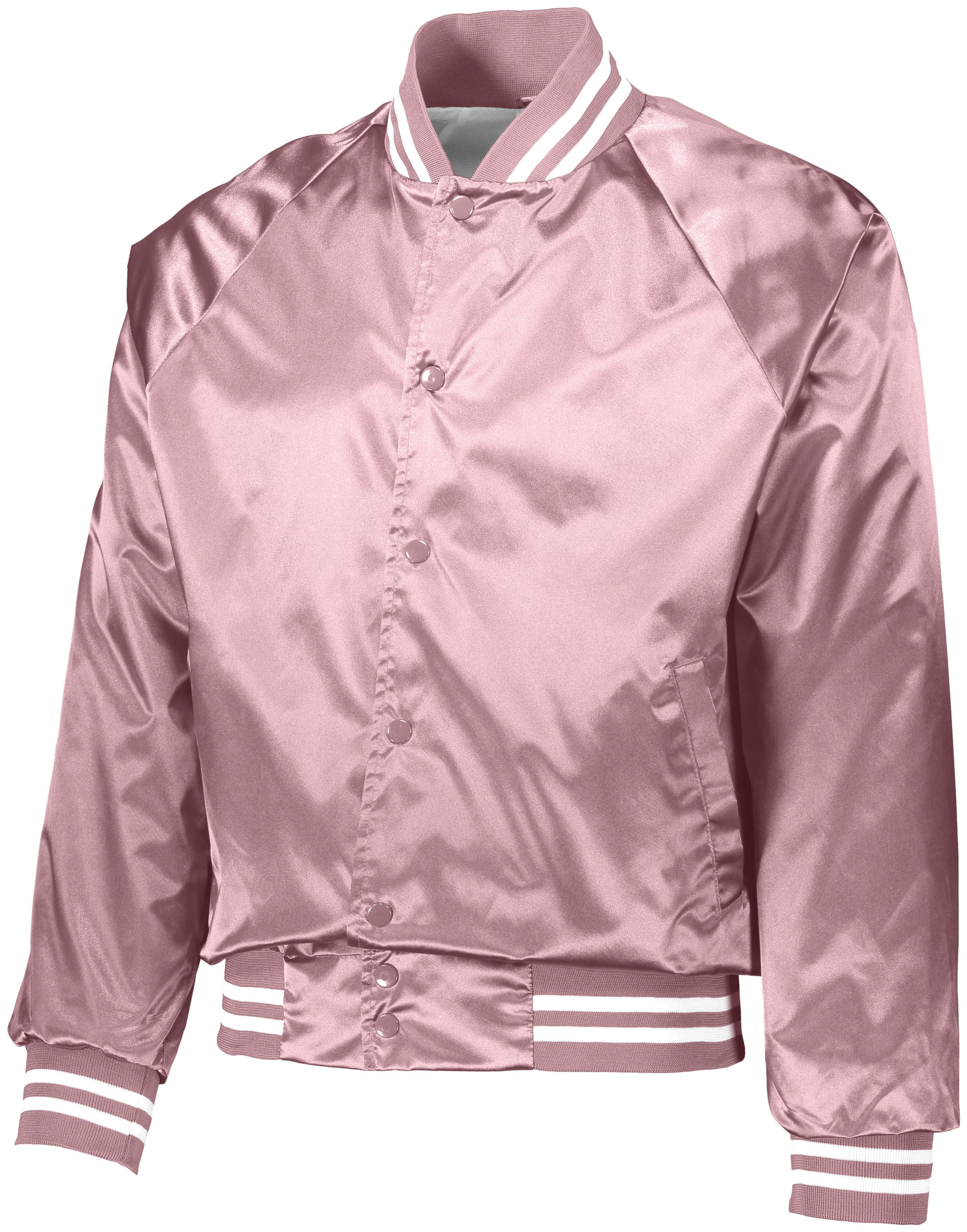 Augusta Sportswear Satin Baseball Jacket/Striped Trim in Light Pink/White  -Part of the Adult, Adult-Jacket, Augusta-Products, Baseball, Outerwear, All-Sports, All-Sports-1 product lines at KanaleyCreations.com