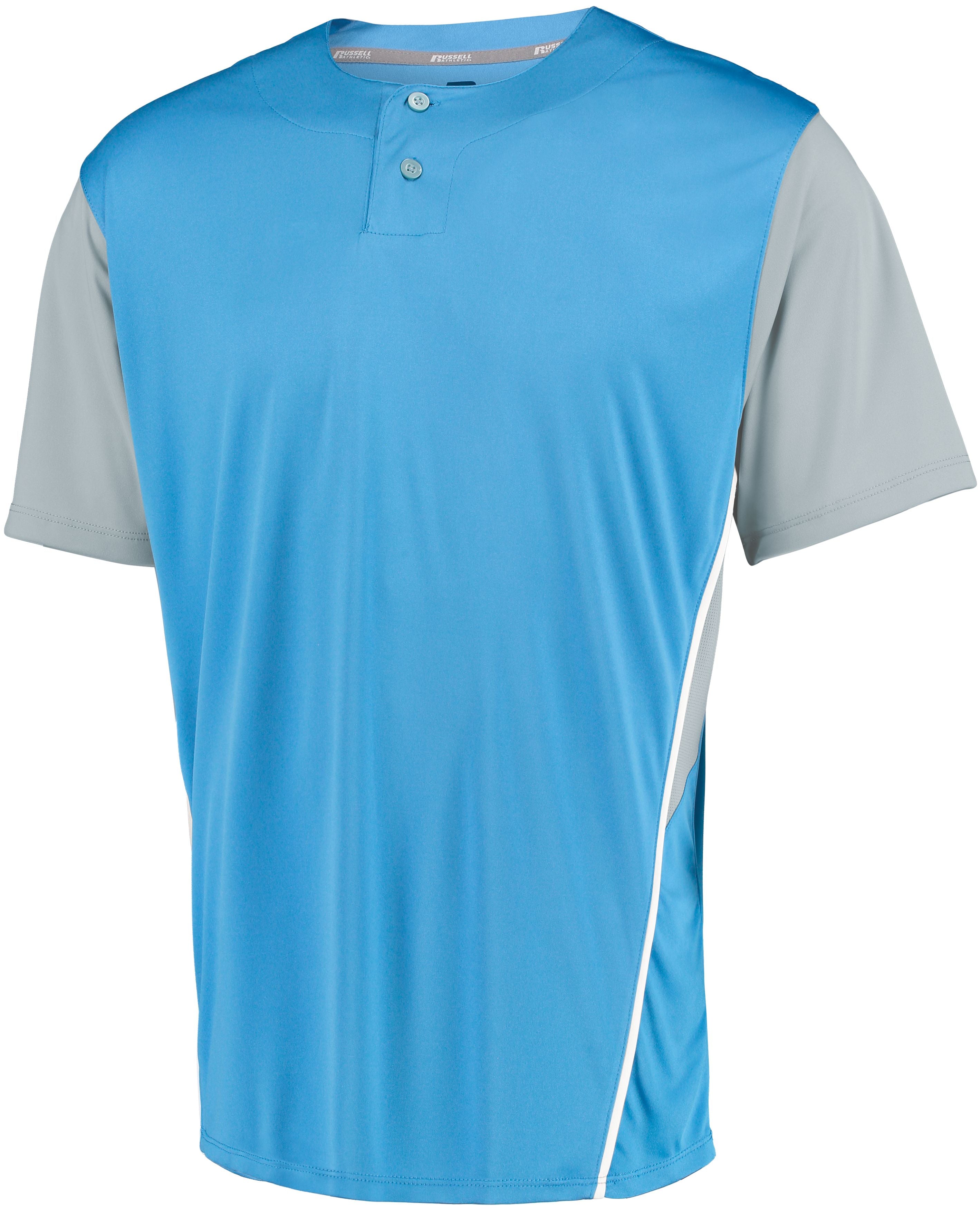 Russell Athletic Youth Two-Button Placket Jersey in Columbia Blue/Baseball Grey  -Part of the Youth, Youth-Jersey, Baseball, Russell-Athletic-Products, Shirts, All-Sports, All-Sports-1 product lines at KanaleyCreations.com
