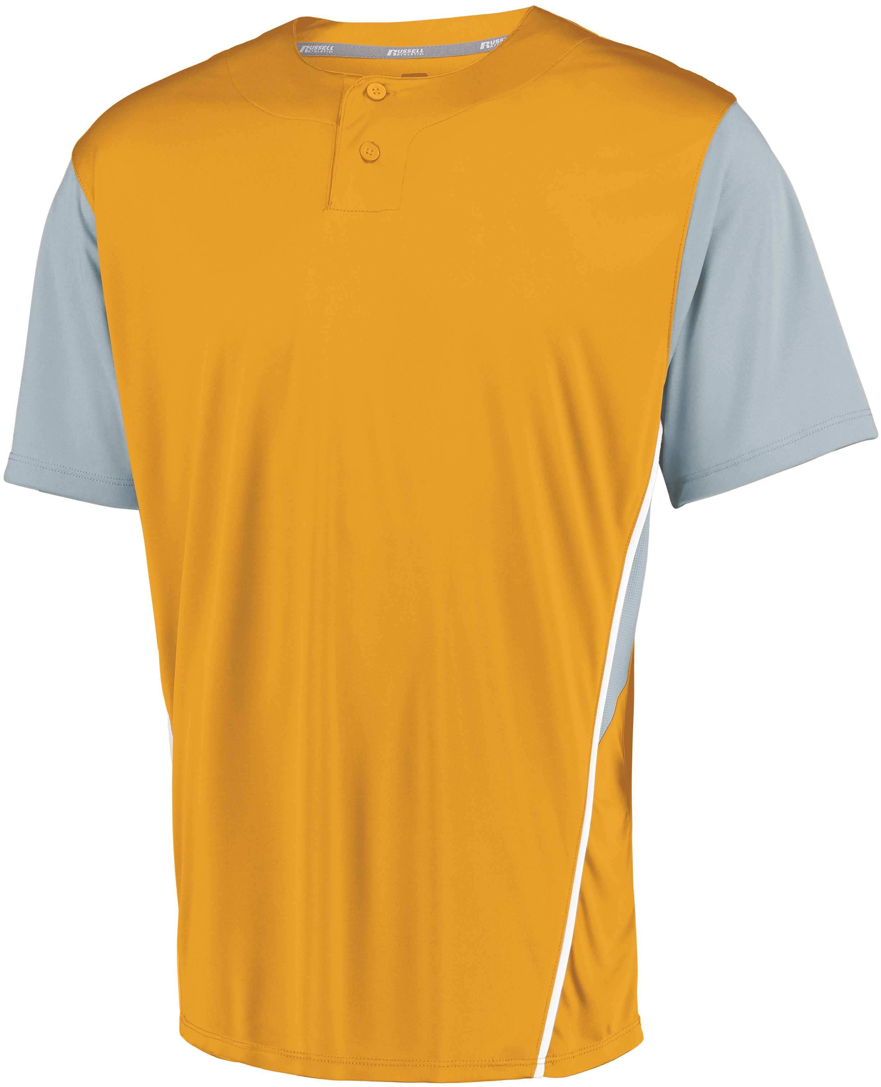 Russell Athletic Youth Two-Button Placket Jersey in Gold/Baseball Grey  -Part of the Youth, Youth-Jersey, Baseball, Russell-Athletic-Products, Shirts, All-Sports, All-Sports-1 product lines at KanaleyCreations.com