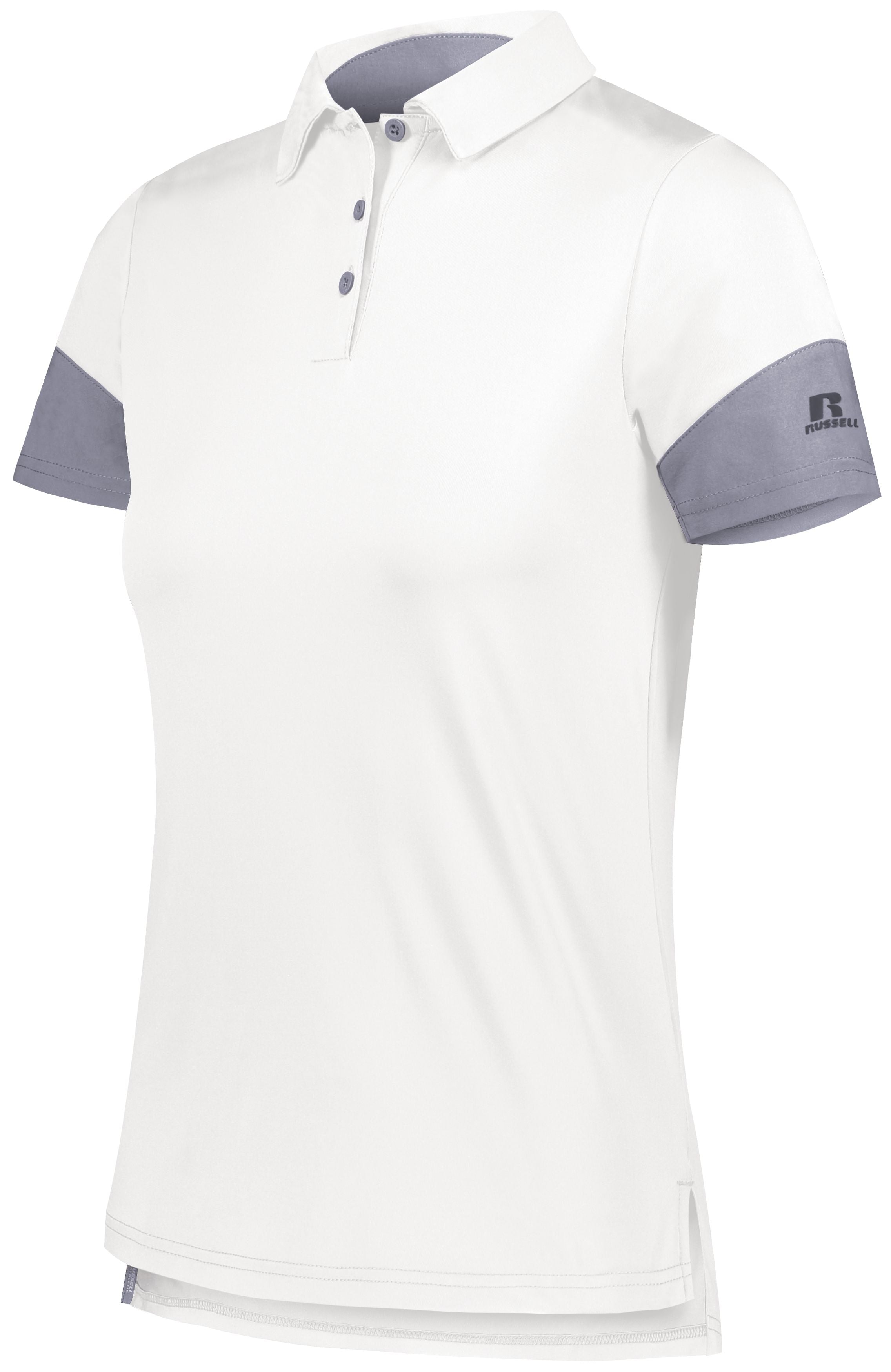 Russell Athletic Ladies Hybrid Polo in White/Steel  -Part of the Ladies, Ladies-Polo, Polos, Russell-Athletic-Products, Shirts product lines at KanaleyCreations.com