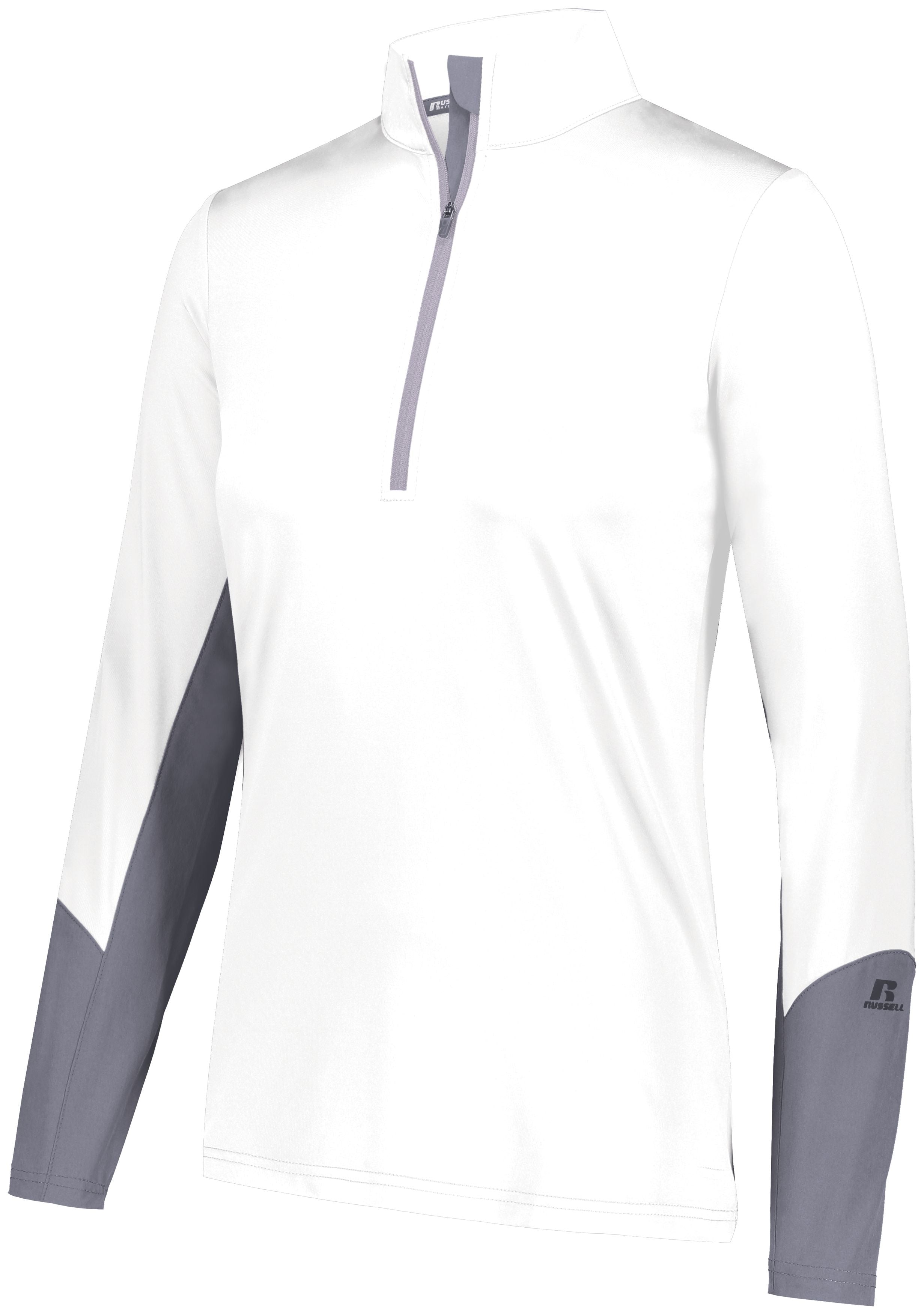 Russell Athletic Ladies Hybrid Pullover in White/Steel  -Part of the Ladies, Russell-Athletic-Products, Shirts product lines at KanaleyCreations.com