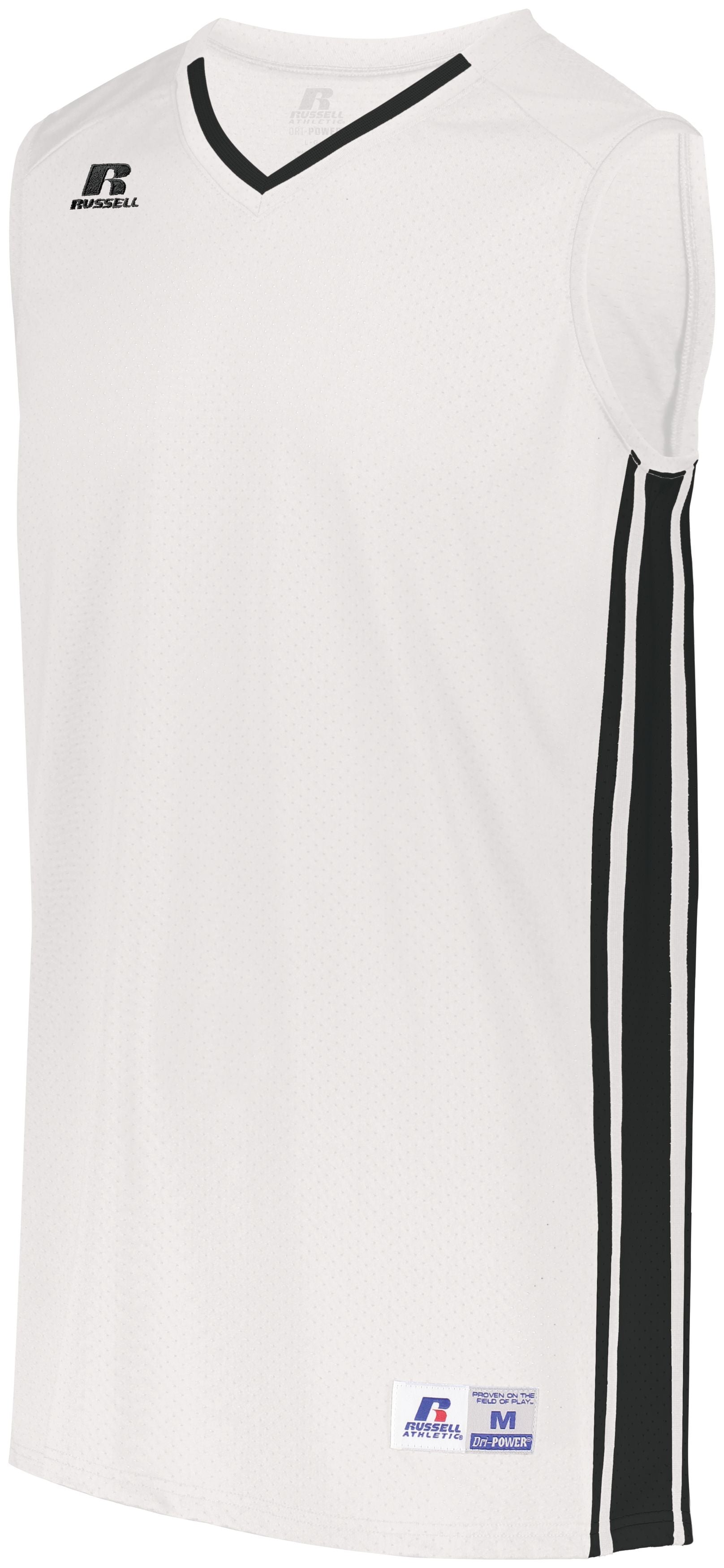 Russell Athletic Legacy Basketball Jersey in White/Black  -Part of the Adult, Adult-Jersey, Basketball, Russell-Athletic-Products, Shirts, All-Sports, All-Sports-1 product lines at KanaleyCreations.com