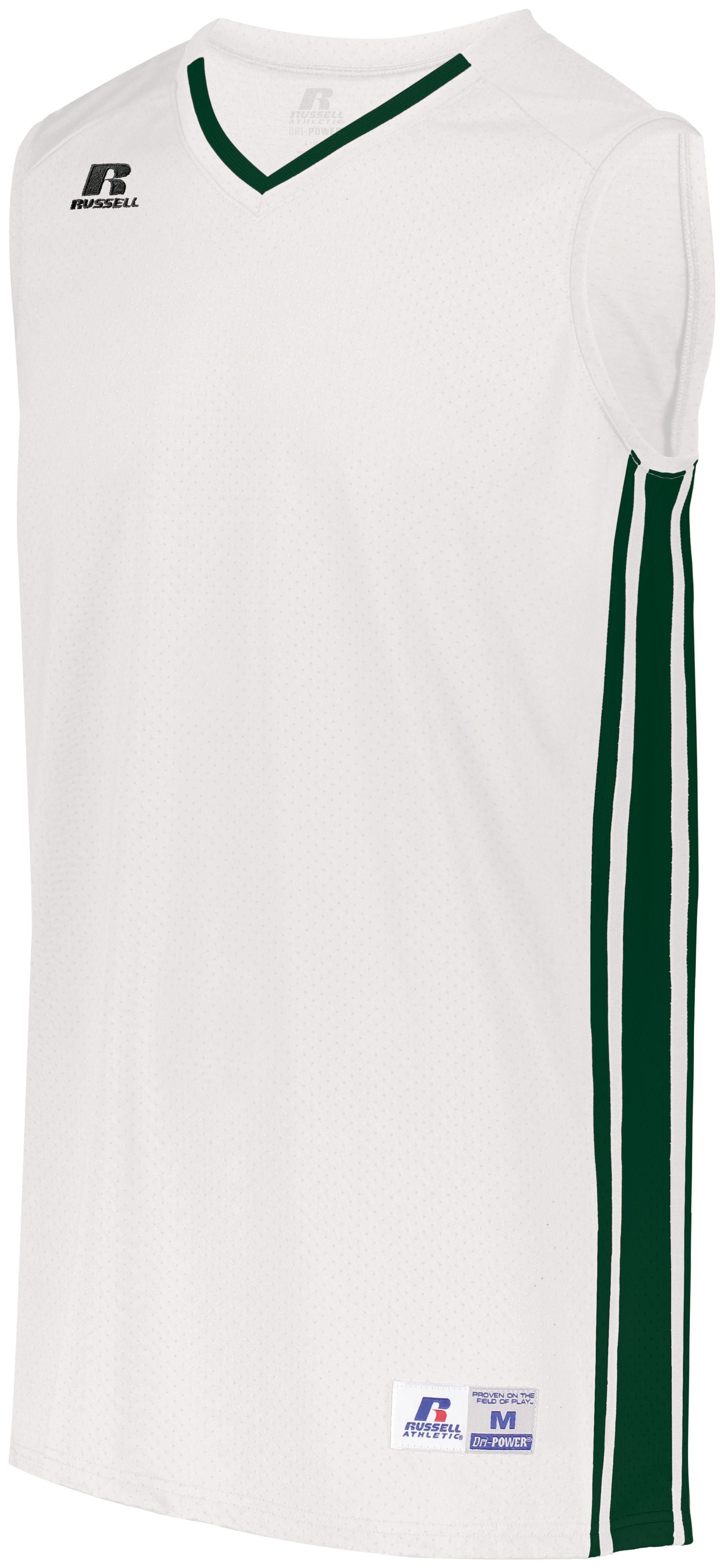 Russell Athletic Legacy Basketball Jersey in White/Dark Green  -Part of the Adult, Adult-Jersey, Basketball, Russell-Athletic-Products, Shirts, All-Sports, All-Sports-1 product lines at KanaleyCreations.com