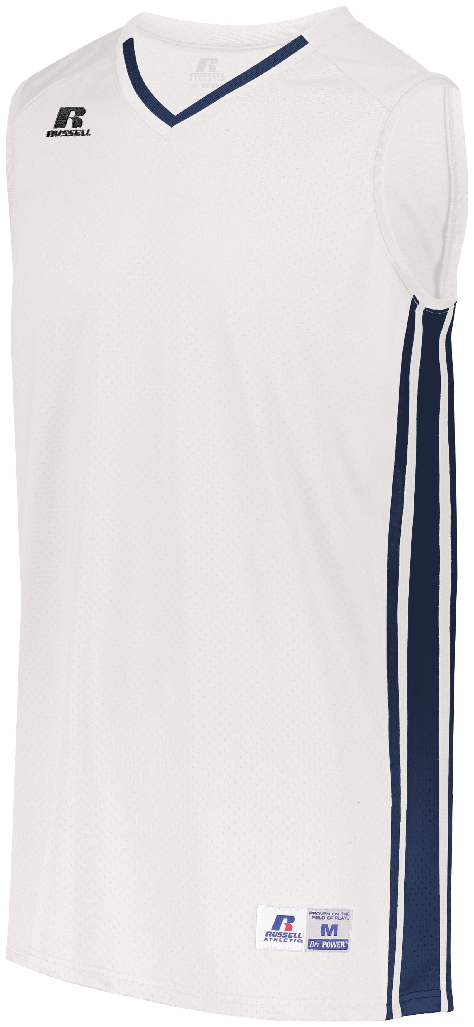 Russell Athletic Legacy Basketball Jersey in White/Navy  -Part of the Adult, Adult-Jersey, Basketball, Russell-Athletic-Products, Shirts, All-Sports, All-Sports-1 product lines at KanaleyCreations.com