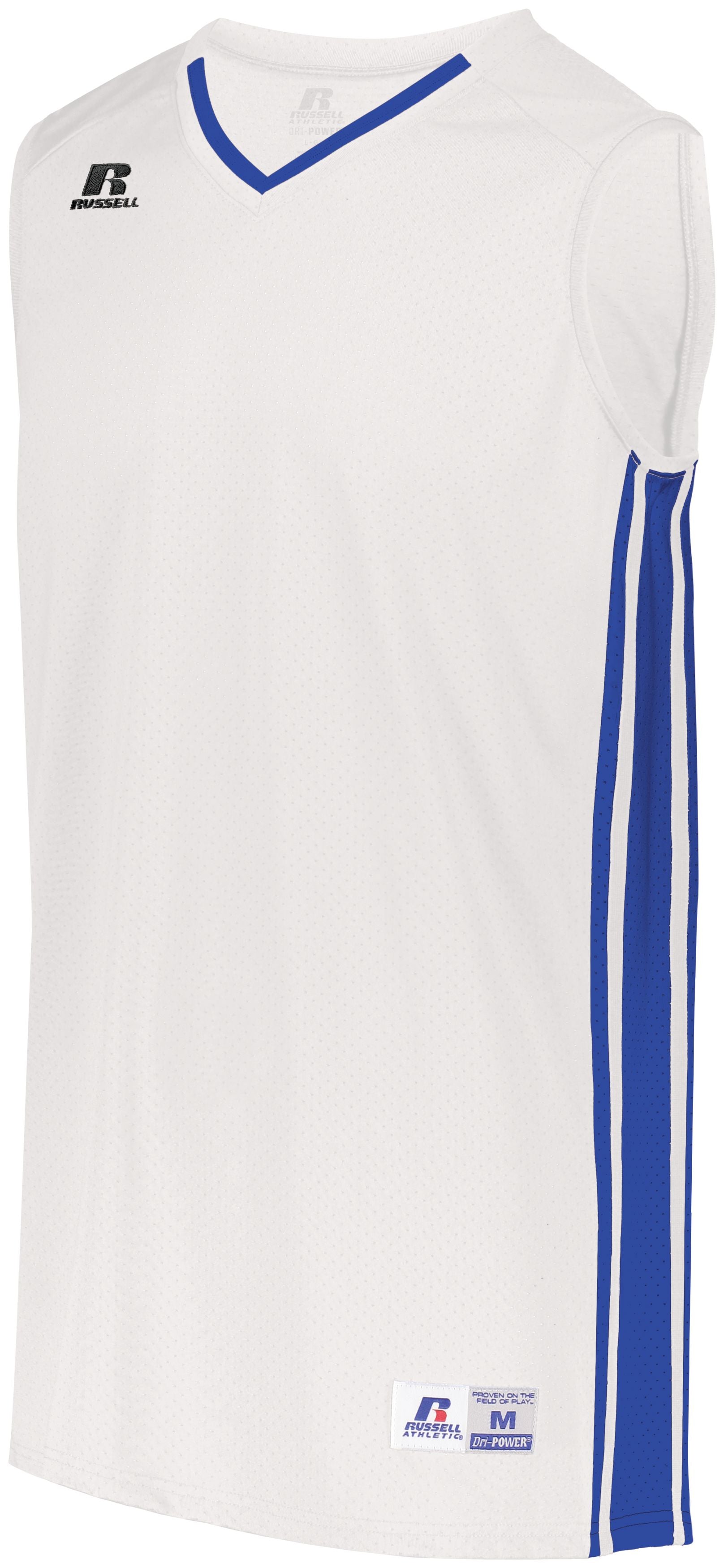Russell Athletic Legacy Basketball Jersey in White/Royal  -Part of the Adult, Adult-Jersey, Basketball, Russell-Athletic-Products, Shirts, All-Sports, All-Sports-1 product lines at KanaleyCreations.com