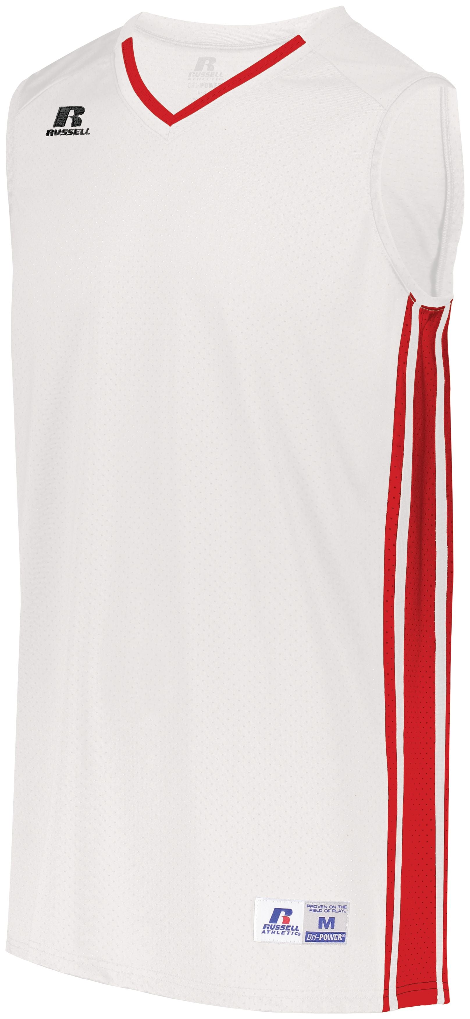 Russell Athletic Legacy Basketball Jersey in White/True Red  -Part of the Adult, Adult-Jersey, Basketball, Russell-Athletic-Products, Shirts, All-Sports, All-Sports-1 product lines at KanaleyCreations.com