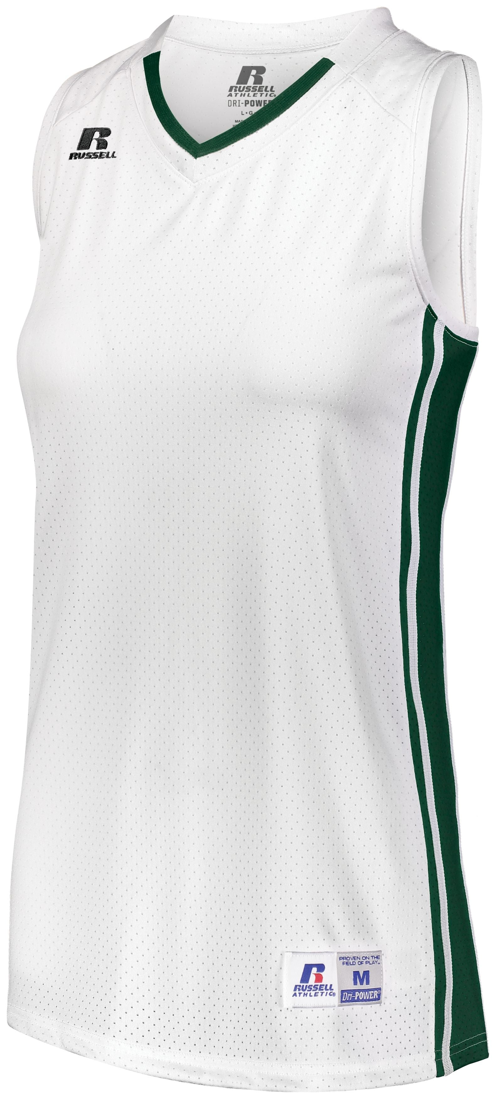 Russell Athletic Ladies Legacy Basketball Jersey in White/Dark Green  -Part of the Ladies, Ladies-Jersey, Basketball, Russell-Athletic-Products, Shirts, All-Sports, All-Sports-1 product lines at KanaleyCreations.com