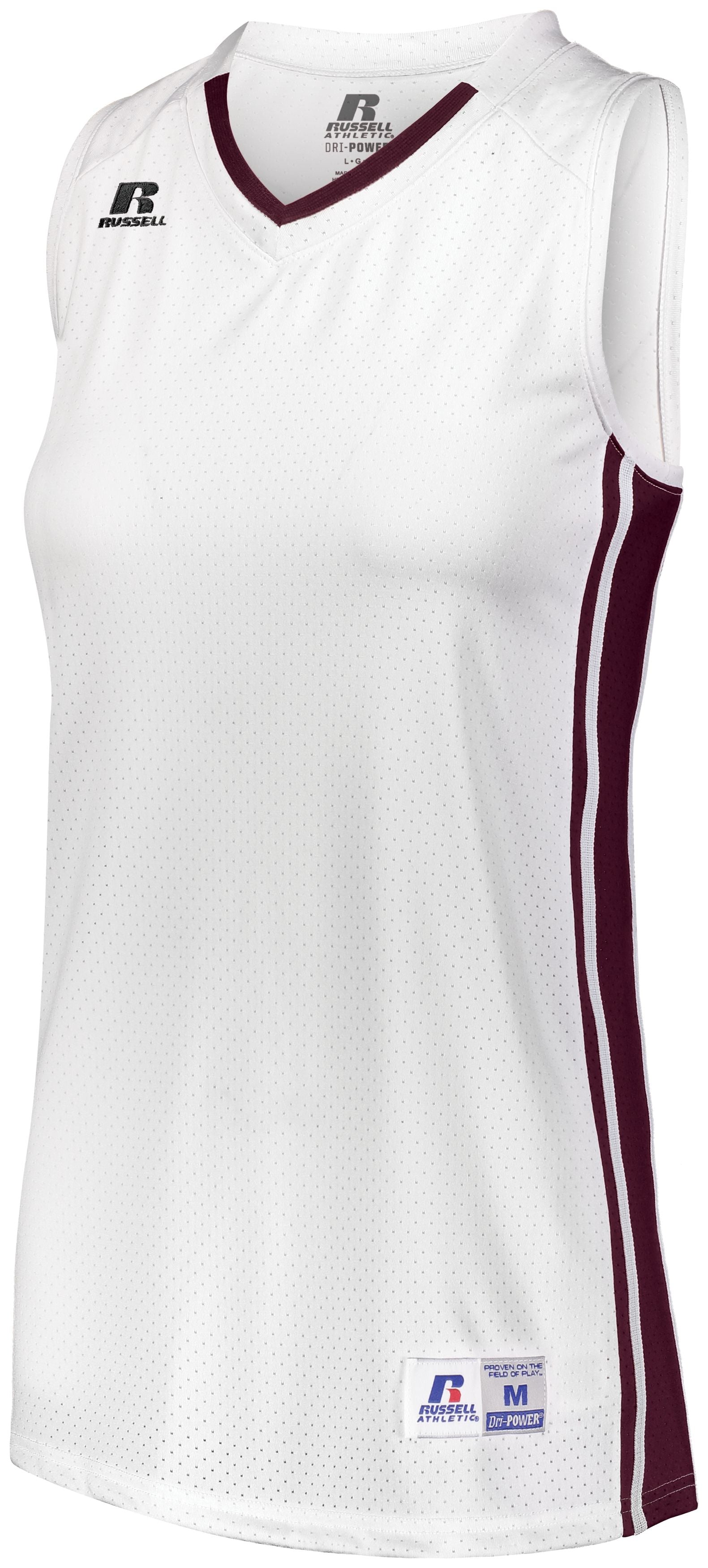 Russell Athletic Ladies Legacy Basketball Jersey in White/Maroon  -Part of the Ladies, Ladies-Jersey, Basketball, Russell-Athletic-Products, Shirts, All-Sports, All-Sports-1 product lines at KanaleyCreations.com