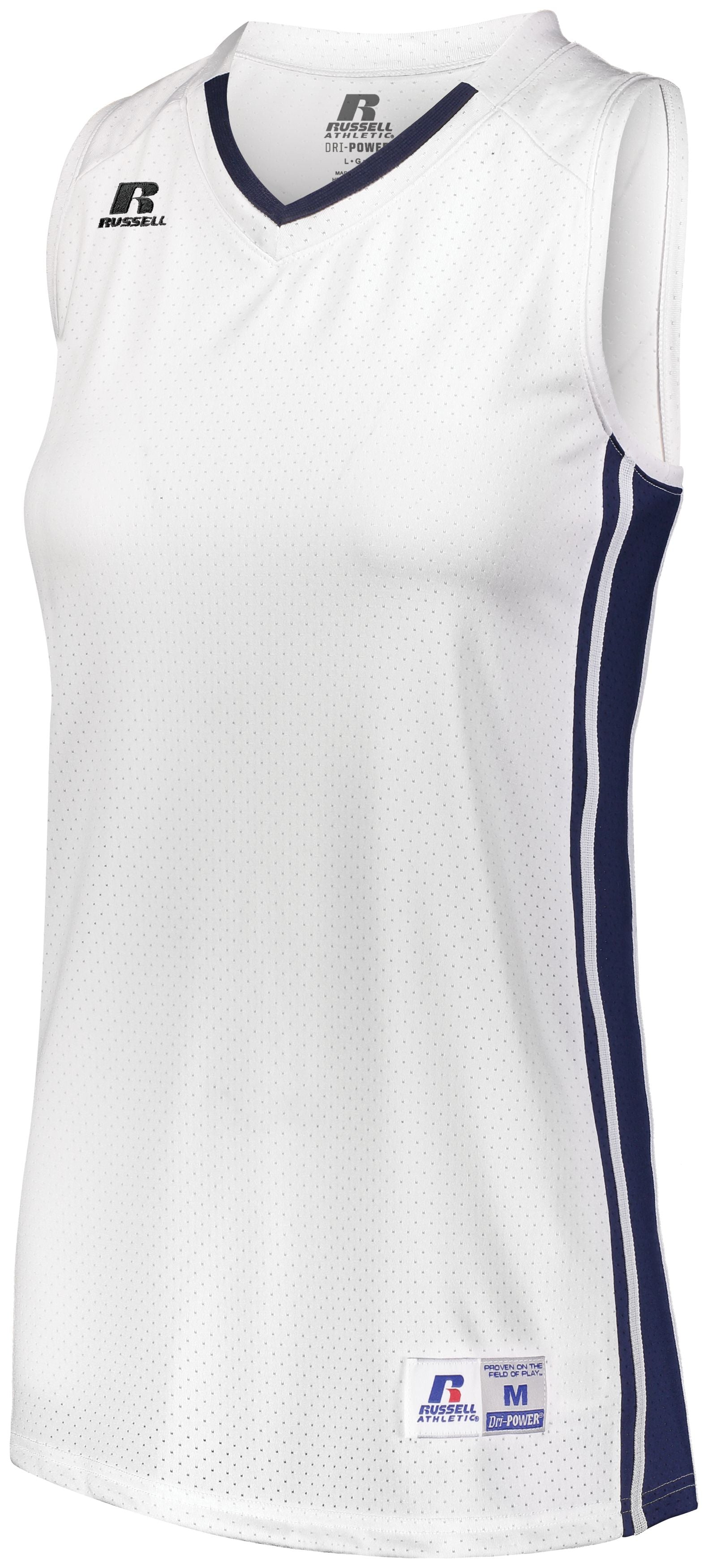 Russell Athletic Ladies Legacy Basketball Jersey in White/Navy  -Part of the Ladies, Ladies-Jersey, Basketball, Russell-Athletic-Products, Shirts, All-Sports, All-Sports-1 product lines at KanaleyCreations.com