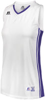 Russell Athletic Ladies Legacy Basketball Jersey in White/Purple  -Part of the Ladies, Ladies-Jersey, Basketball, Russell-Athletic-Products, Shirts, All-Sports, All-Sports-1 product lines at KanaleyCreations.com