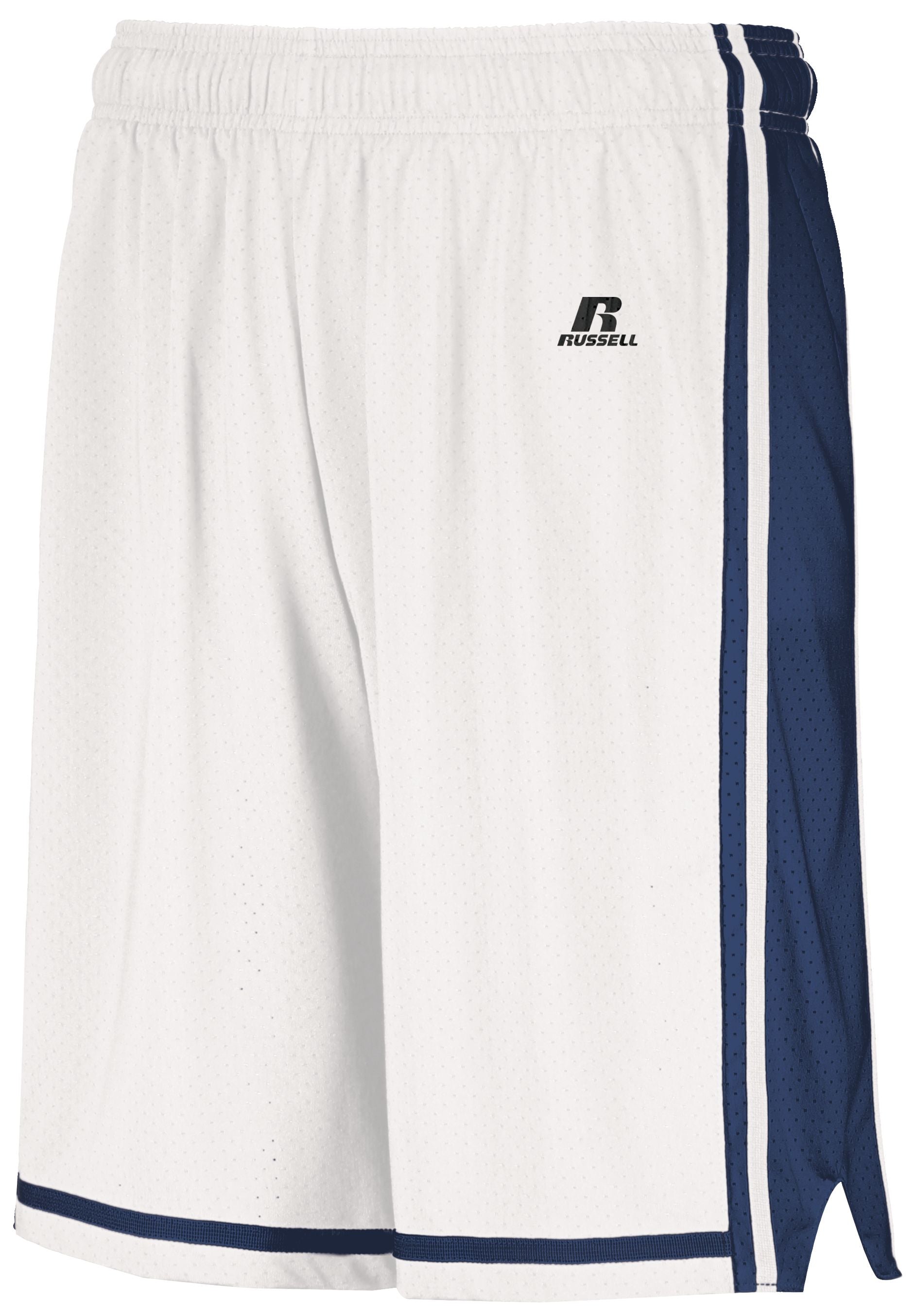 Russell Athletic Legacy Basketball Shorts in White/Navy  -Part of the Adult, Adult-Shorts, Basketball, Russell-Athletic-Products, All-Sports, All-Sports-1 product lines at KanaleyCreations.com