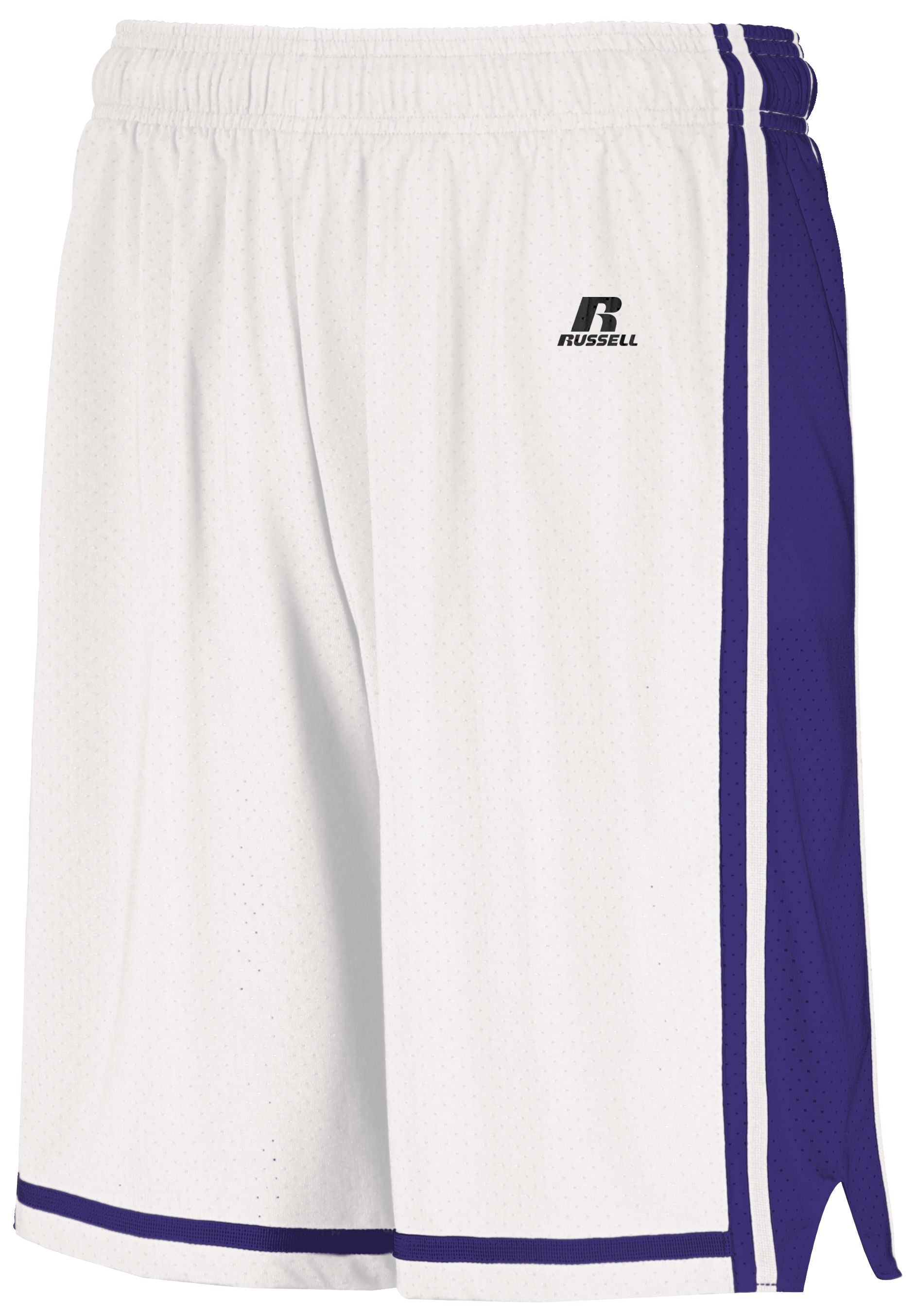 Russell Athletic Legacy Basketball Shorts in White/Purple  -Part of the Adult, Adult-Shorts, Basketball, Russell-Athletic-Products, All-Sports, All-Sports-1 product lines at KanaleyCreations.com