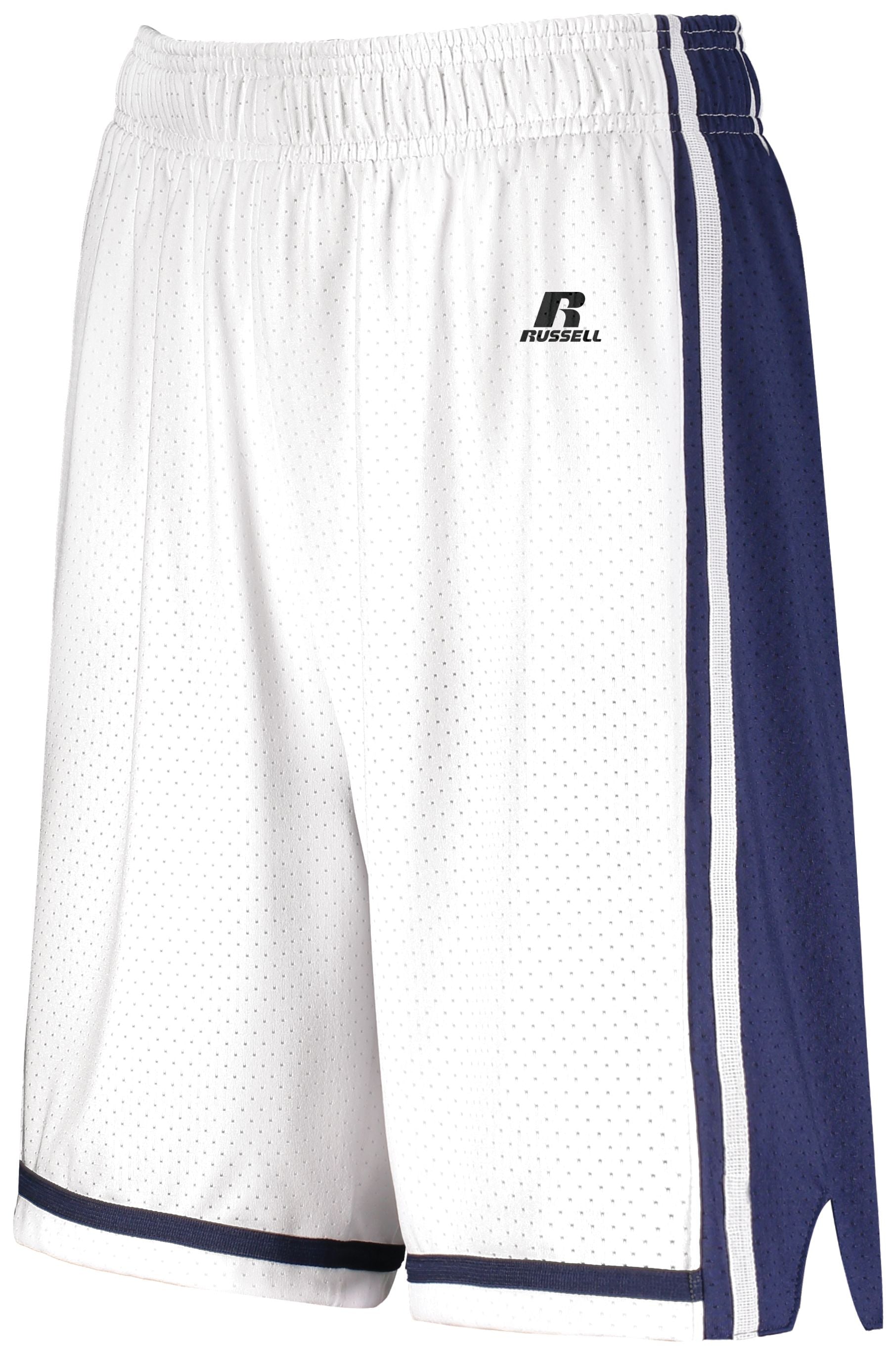 Russell Athletic Ladies Legacy Basketball Shorts in White/Navy  -Part of the Ladies, Ladies-Shorts, Basketball, Russell-Athletic-Products, All-Sports, All-Sports-1 product lines at KanaleyCreations.com