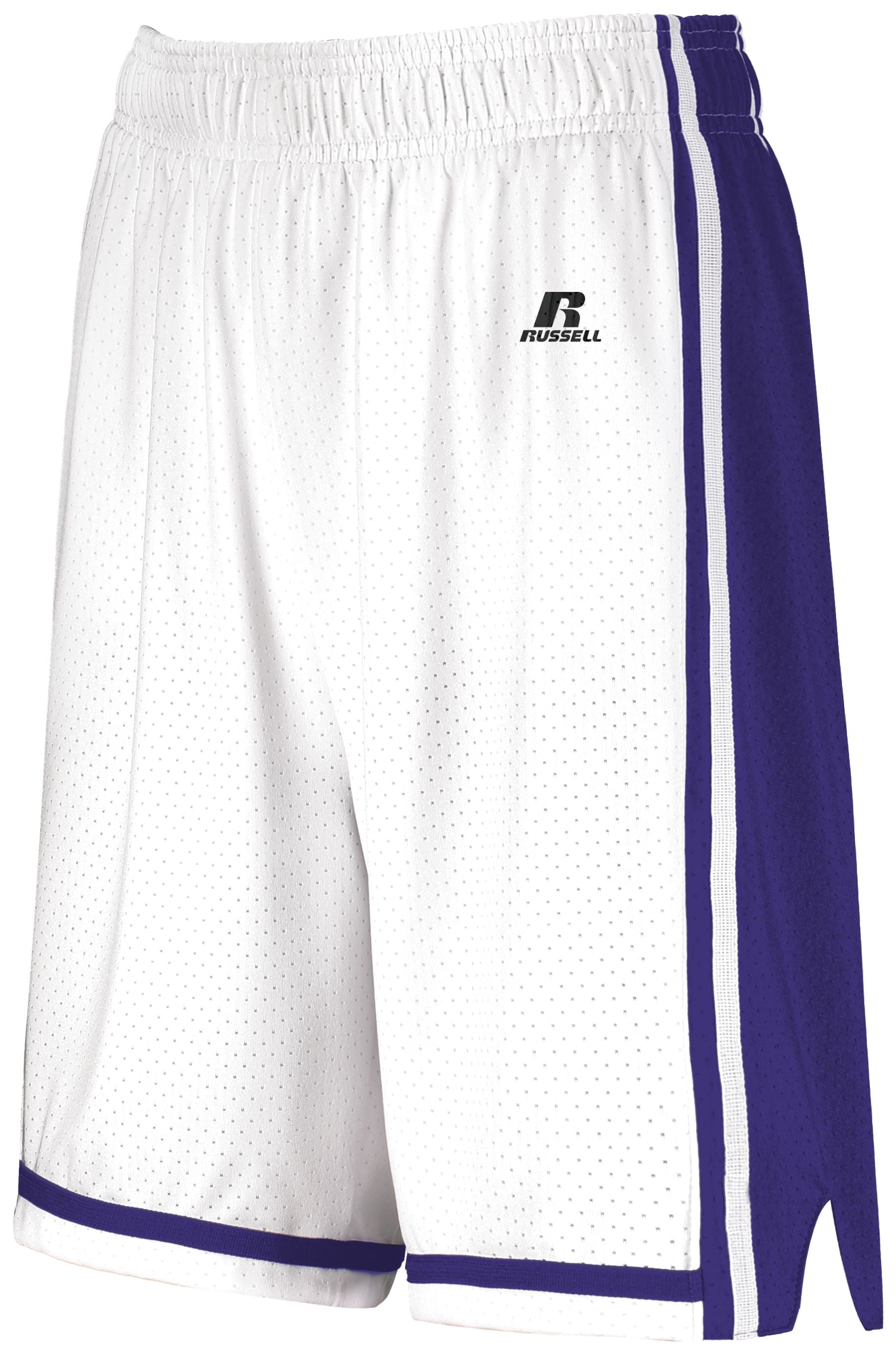 Russell Athletic Ladies Legacy Basketball Shorts in White/Purple  -Part of the Ladies, Ladies-Shorts, Basketball, Russell-Athletic-Products, All-Sports, All-Sports-1 product lines at KanaleyCreations.com