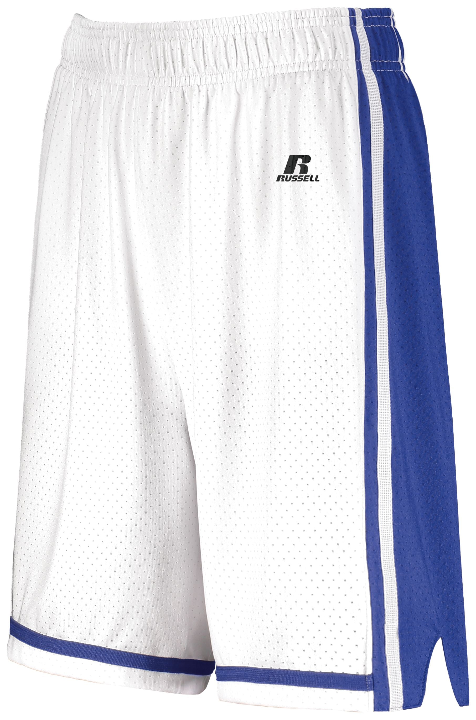 Russell Athletic Ladies Legacy Basketball Shorts in White/Royal  -Part of the Ladies, Ladies-Shorts, Basketball, Russell-Athletic-Products, All-Sports, All-Sports-1 product lines at KanaleyCreations.com