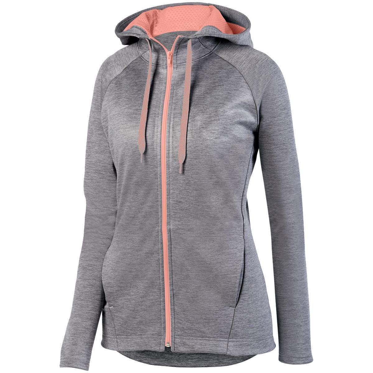 Augusta Sportswear Ladies Zoe Tonal Heather Full Zip Hoodie in Graphite/Coral  -Part of the Ladies, Augusta-Products, Shirts, Tonal-Fleece-Collection product lines at KanaleyCreations.com