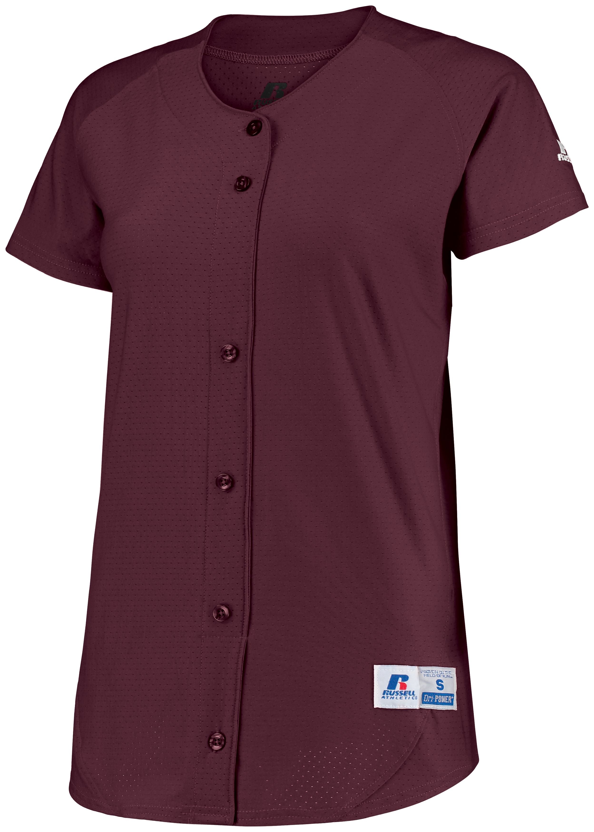 Russell Athletic Ladies Stretch Faux Button Jersey in Maroon  -Part of the Ladies, Ladies-Jersey, Softball, Russell-Athletic-Products, Shirts product lines at KanaleyCreations.com