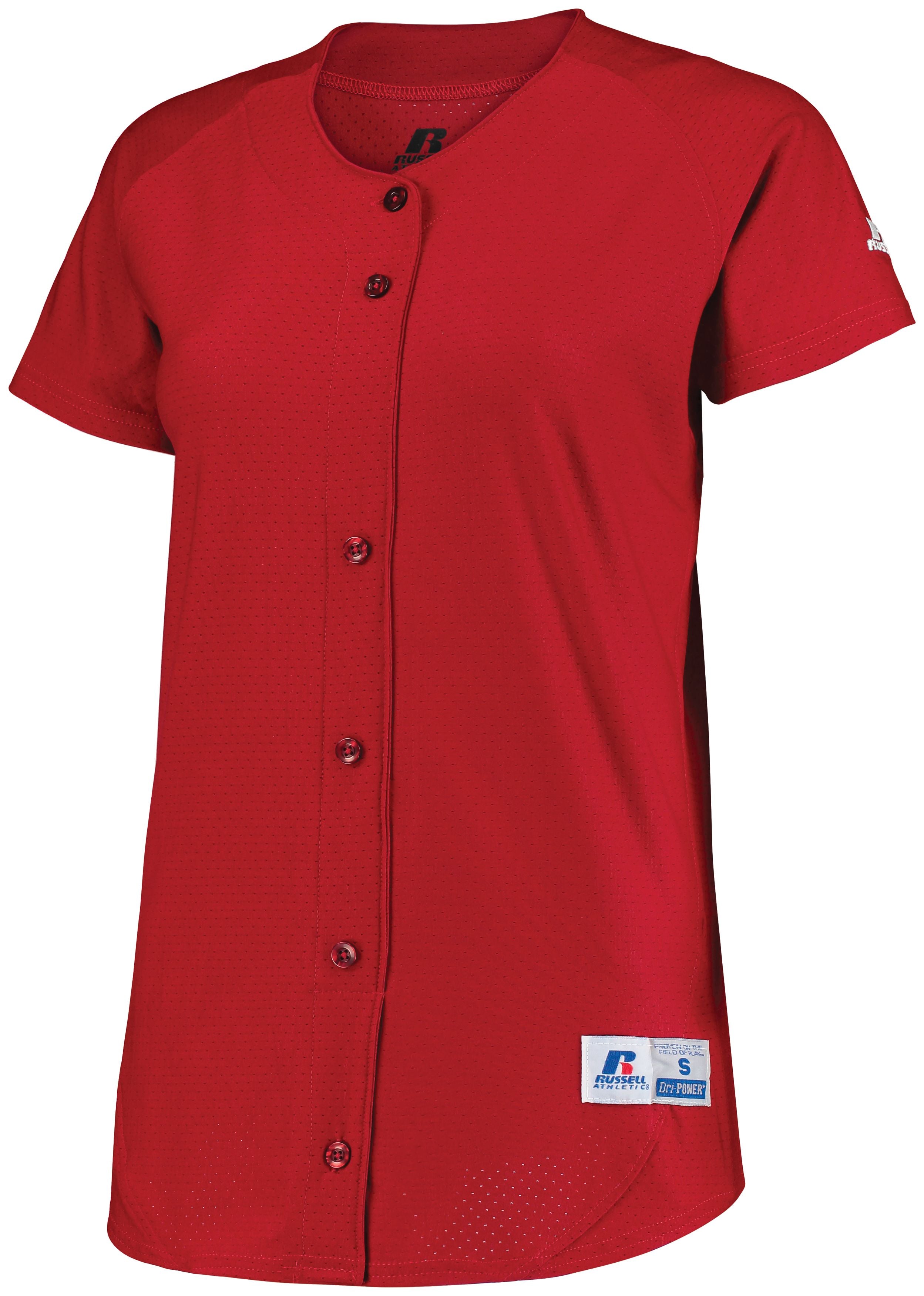 Russell Athletic Ladies Stretch Faux Button Jersey in True Red  -Part of the Ladies, Ladies-Jersey, Softball, Russell-Athletic-Products, Shirts product lines at KanaleyCreations.com