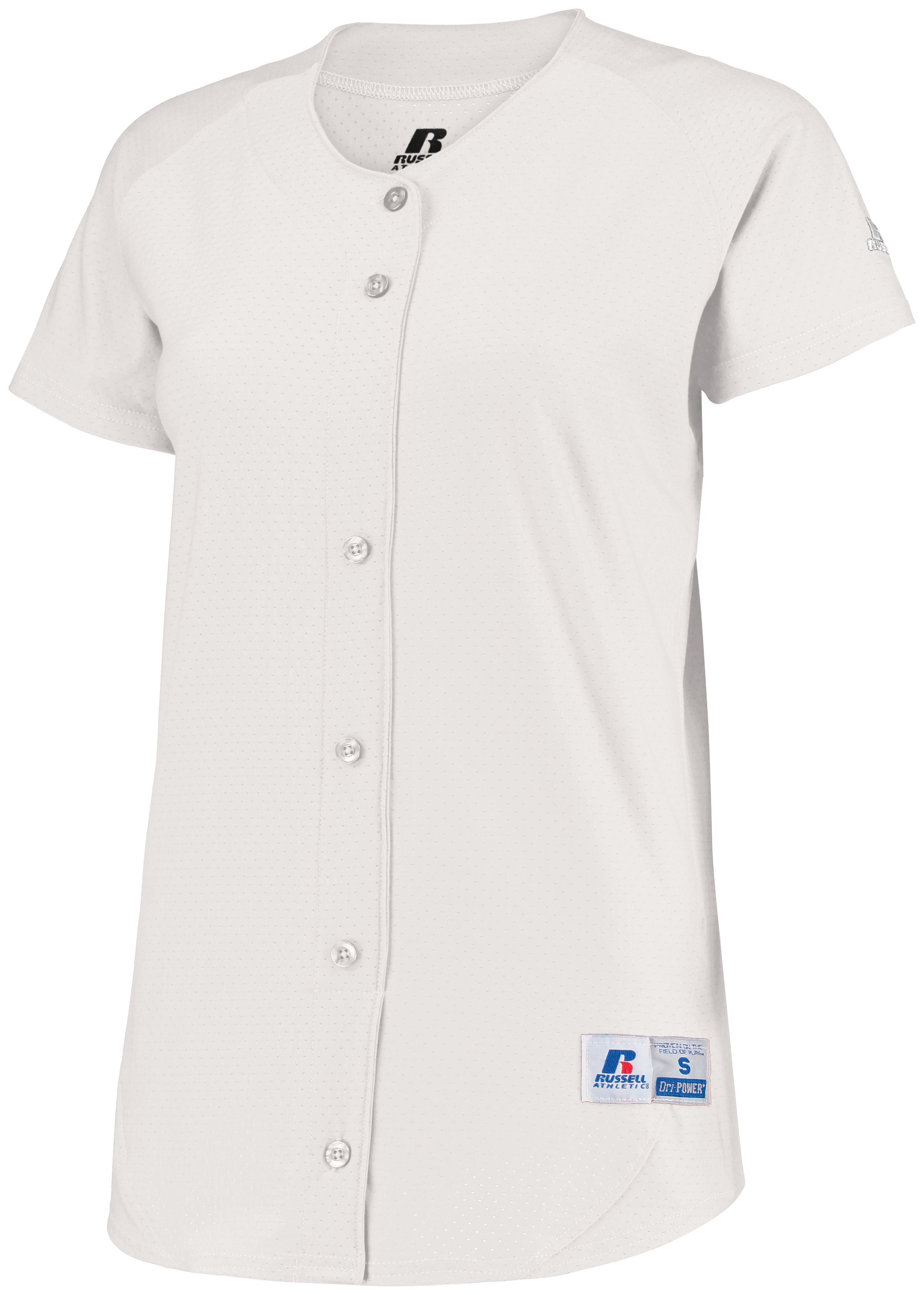 Russell Athletic Ladies Stretch Faux Button Jersey in White  -Part of the Ladies, Ladies-Jersey, Softball, Russell-Athletic-Products, Shirts product lines at KanaleyCreations.com