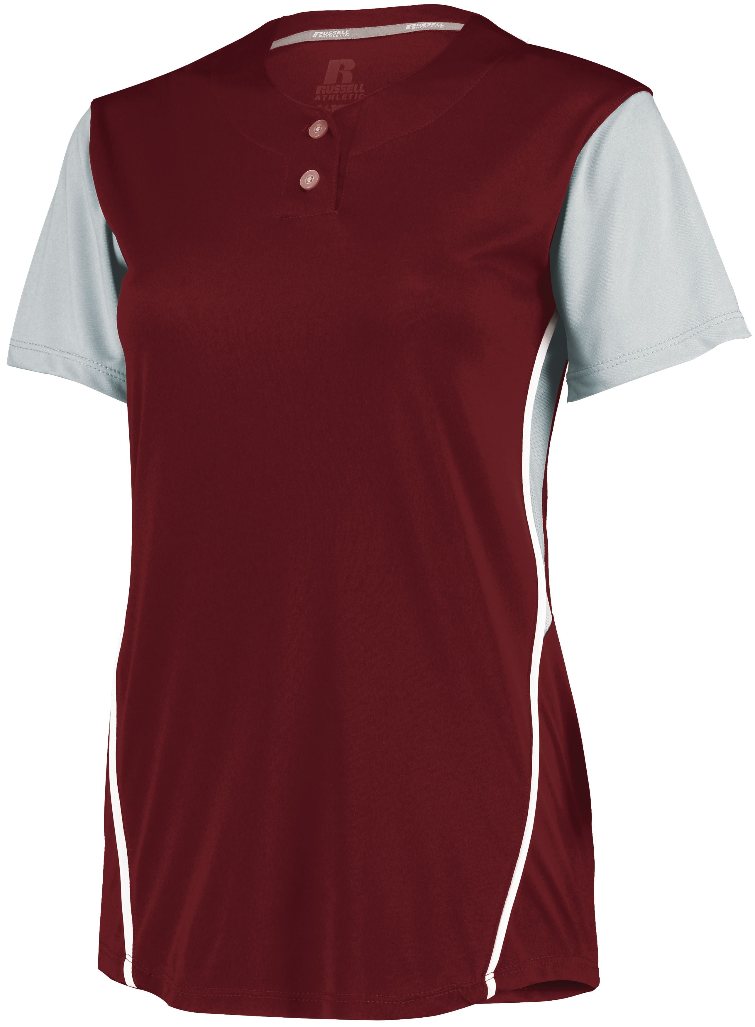 Russell Athletic Ladies Performance Two-Button Color Block Jersey in Cardinal/Baseball Grey  -Part of the Ladies, Ladies-Jersey, Softball, Russell-Athletic-Products, Shirts product lines at KanaleyCreations.com