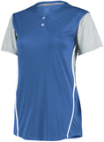 Russell Athletic Ladies Performance Two-Button Color Block Jersey in Columbia Blue/Baseball Grey  -Part of the Ladies, Ladies-Jersey, Softball, Russell-Athletic-Products, Shirts product lines at KanaleyCreations.com