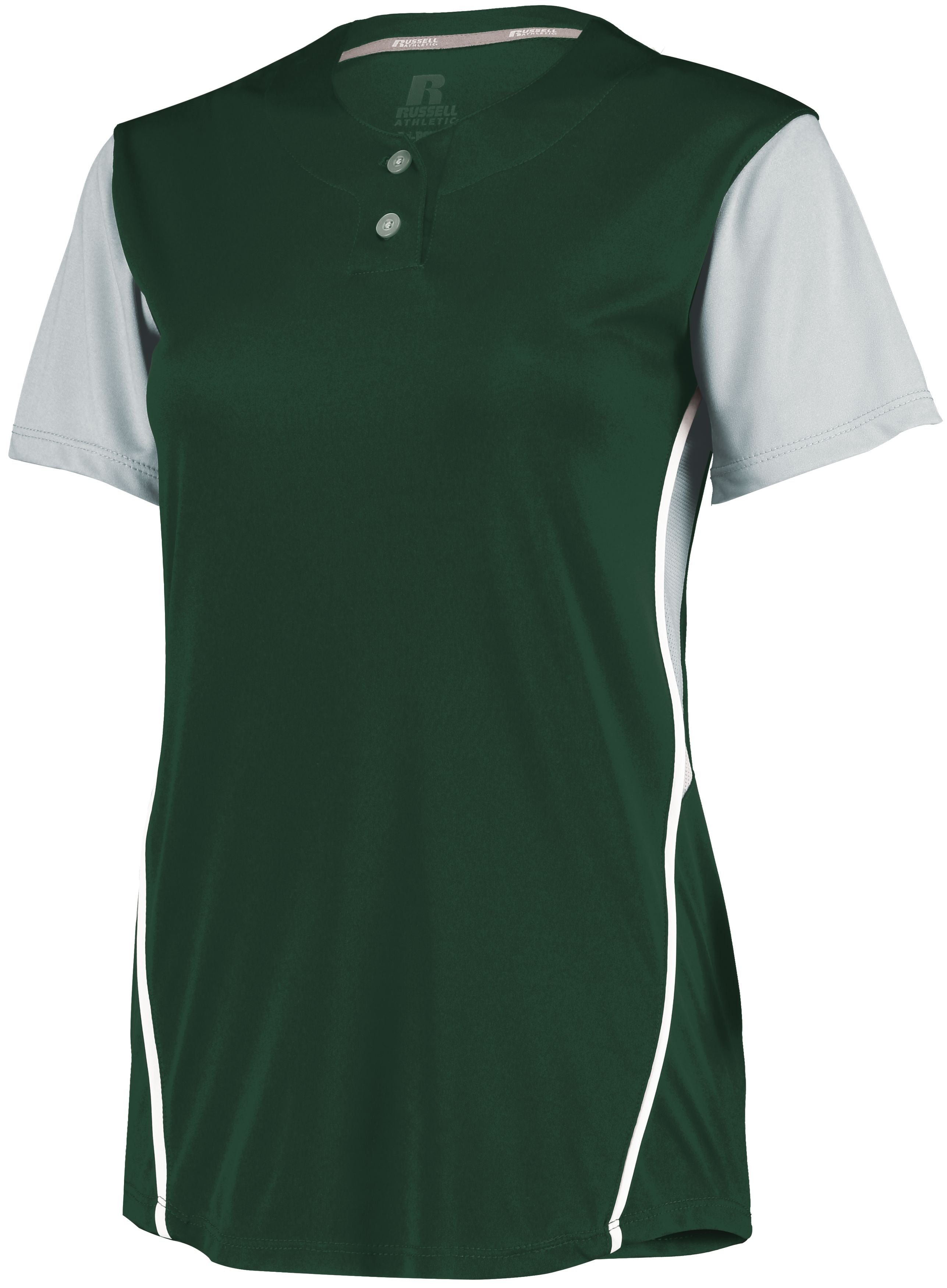 Russell Athletic Ladies Performance Two-Button Color Block Jersey in Dark Green/Baseball Grey  -Part of the Ladies, Ladies-Jersey, Softball, Russell-Athletic-Products, Shirts product lines at KanaleyCreations.com