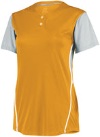 Russell Athletic Ladies Performance Two-Button Color Block Jersey in Gold/Baseball Grey  -Part of the Ladies, Ladies-Jersey, Softball, Russell-Athletic-Products, Shirts product lines at KanaleyCreations.com