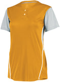 Russell Athletic Ladies Performance Two-Button Color Block Jersey in Gold/Baseball Grey  -Part of the Ladies, Ladies-Jersey, Softball, Russell-Athletic-Products, Shirts product lines at KanaleyCreations.com