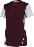 Russell Athletic Ladies Performance Two-Button Color Block Jersey in Maroon/Baseball Grey  -Part of the Ladies, Ladies-Jersey, Softball, Russell-Athletic-Products, Shirts product lines at KanaleyCreations.com