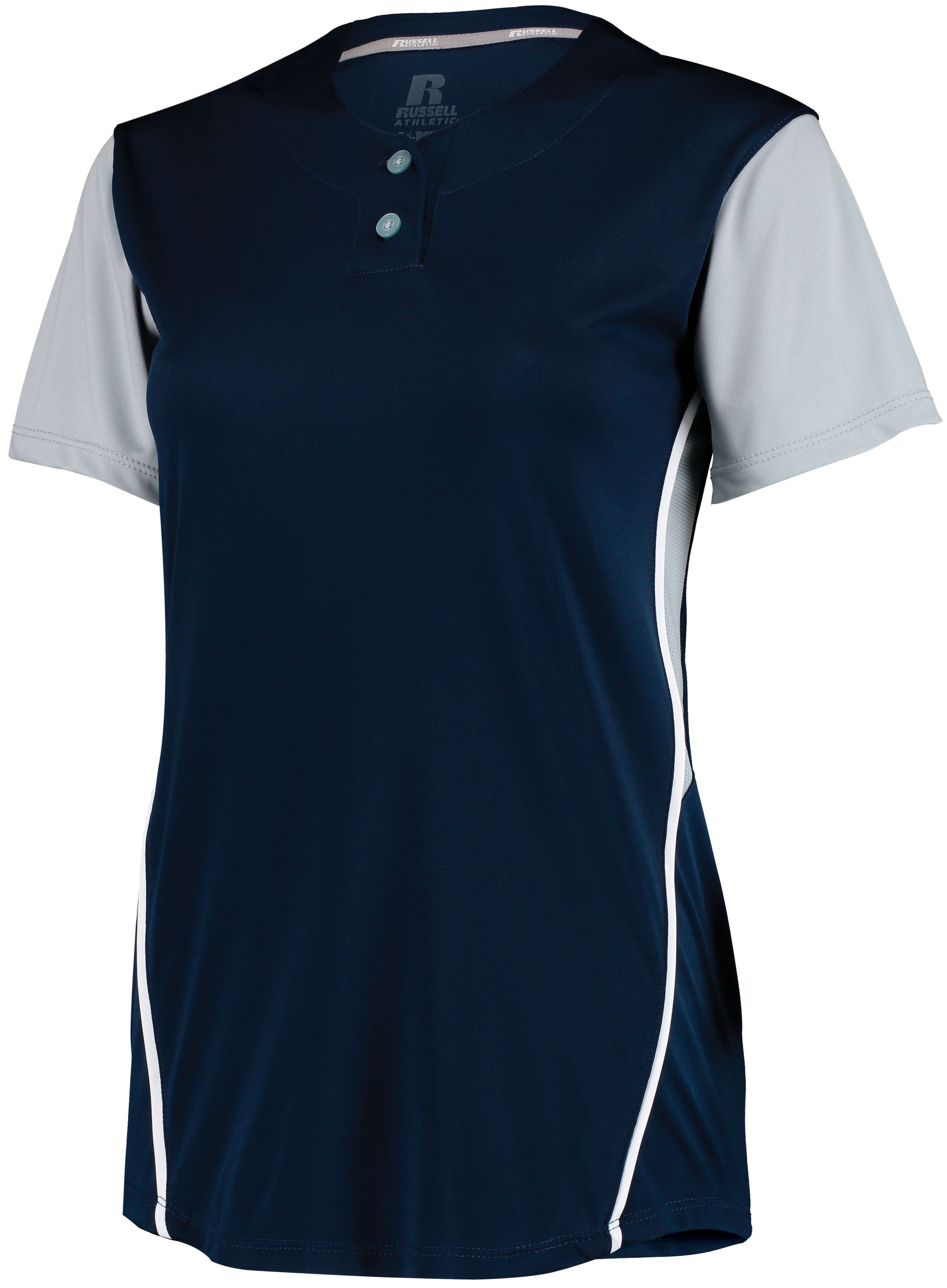 Russell Athletic Ladies Performance Two-Button Color Block Jersey in Navy/Baseball Grey  -Part of the Ladies, Ladies-Jersey, Softball, Russell-Athletic-Products, Shirts product lines at KanaleyCreations.com