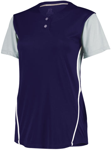 Russell Athletic Ladies Performance Two-Button Color Block Jersey in Purple/Baseball Grey  -Part of the Ladies, Ladies-Jersey, Softball, Russell-Athletic-Products, Shirts product lines at KanaleyCreations.com