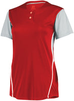 Russell Athletic Ladies Performance Two-Button Color Block Jersey in True Red/Baseball Grey  -Part of the Ladies, Ladies-Jersey, Softball, Russell-Athletic-Products, Shirts product lines at KanaleyCreations.com