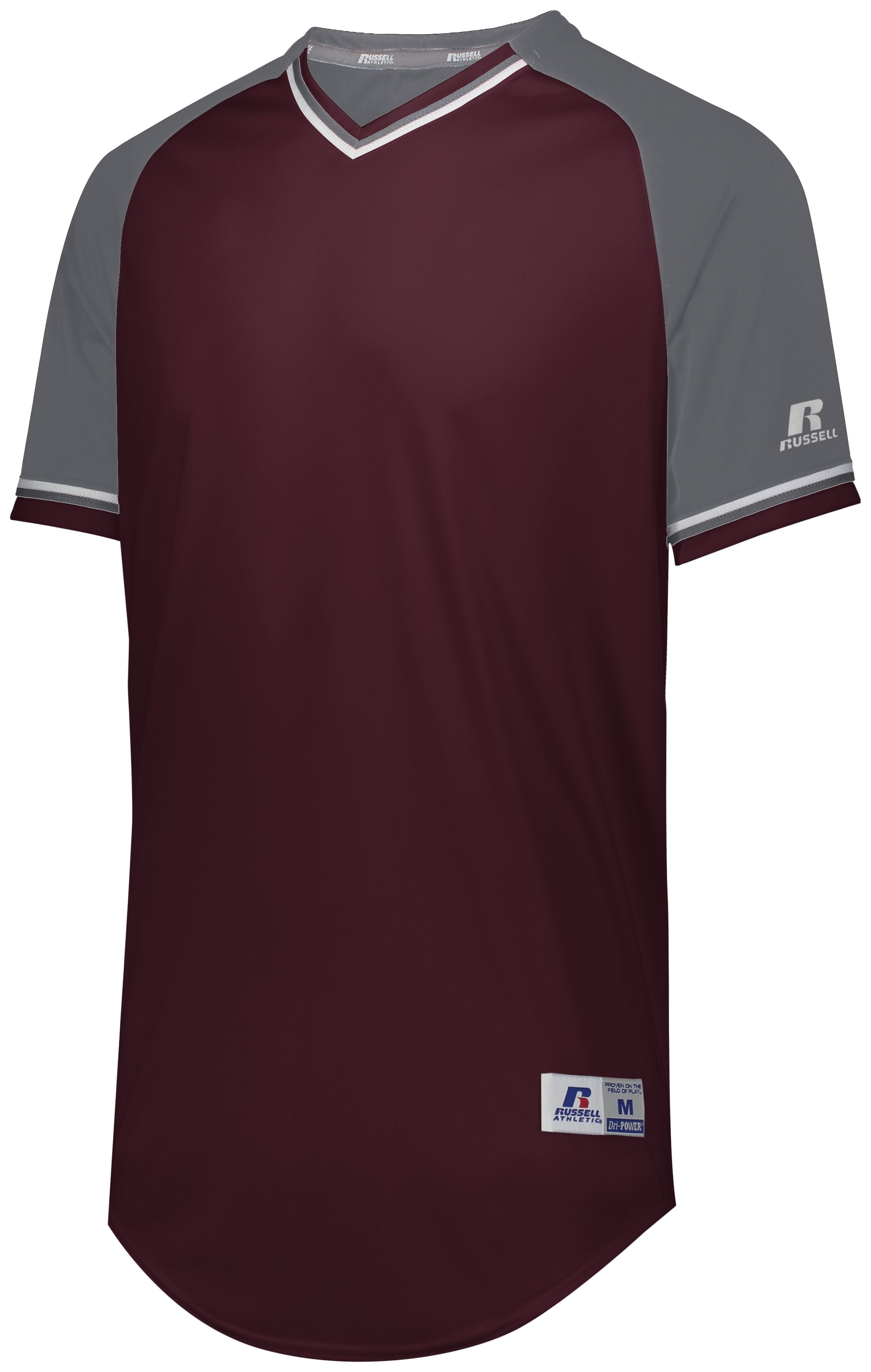 Russell Athletic Youth Classic V-Neck Jersey in Maroon/Steel/White  -Part of the Youth, Youth-Jersey, Baseball, Russell-Athletic-Products, Shirts, All-Sports, All-Sports-1 product lines at KanaleyCreations.com