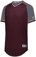 Russell Athletic Classic V-Neck Jersey in Maroon/Steel/White  -Part of the Adult, Adult-Jersey, Baseball, Russell-Athletic-Products, Shirts, All-Sports, All-Sports-1 product lines at KanaleyCreations.com