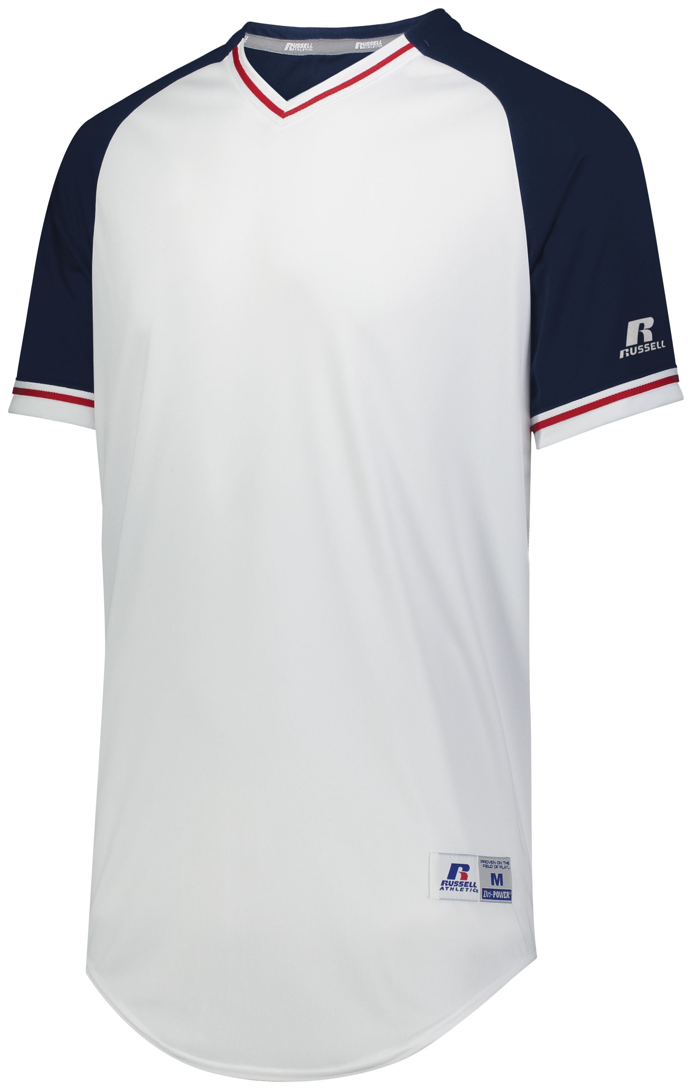 Russell Athletic Youth Classic V-Neck Jersey in White/Navy/True Red  -Part of the Youth, Youth-Jersey, Baseball, Russell-Athletic-Products, Shirts, All-Sports, All-Sports-1 product lines at KanaleyCreations.com