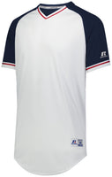 Russell Athletic Classic V-Neck Jersey in White/Navy/True Red  -Part of the Adult, Adult-Jersey, Baseball, Russell-Athletic-Products, Shirts, All-Sports, All-Sports-1 product lines at KanaleyCreations.com