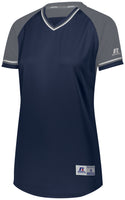 Russell Athletic Ladies Classic V-Neck Jersey in Navy/Steel/White  -Part of the Ladies, Ladies-Jersey, Softball, Russell-Athletic-Products, Shirts product lines at KanaleyCreations.com