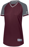 Russell Athletic Ladies Classic V-Neck Jersey in Maroon/Steel/White  -Part of the Ladies, Ladies-Jersey, Softball, Russell-Athletic-Products, Shirts product lines at KanaleyCreations.com