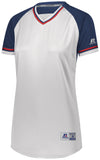 Russell Athletic Ladies Classic V-Neck Jersey in White/Navy/True Red  -Part of the Ladies, Ladies-Jersey, Softball, Russell-Athletic-Products, Shirts product lines at KanaleyCreations.com