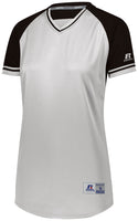 Russell Athletic Ladies Classic V-Neck Jersey in White/Black/White  -Part of the Ladies, Ladies-Jersey, Softball, Russell-Athletic-Products, Shirts product lines at KanaleyCreations.com