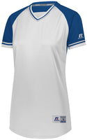 Russell Athletic Ladies Classic V-Neck Jersey in White/Royal/White  -Part of the Ladies, Ladies-Jersey, Softball, Russell-Athletic-Products, Shirts product lines at KanaleyCreations.com