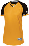 Russell Athletic Ladies Classic V-Neck Jersey in Gold/Black/White  -Part of the Ladies, Ladies-Jersey, Softball, Russell-Athletic-Products, Shirts product lines at KanaleyCreations.com