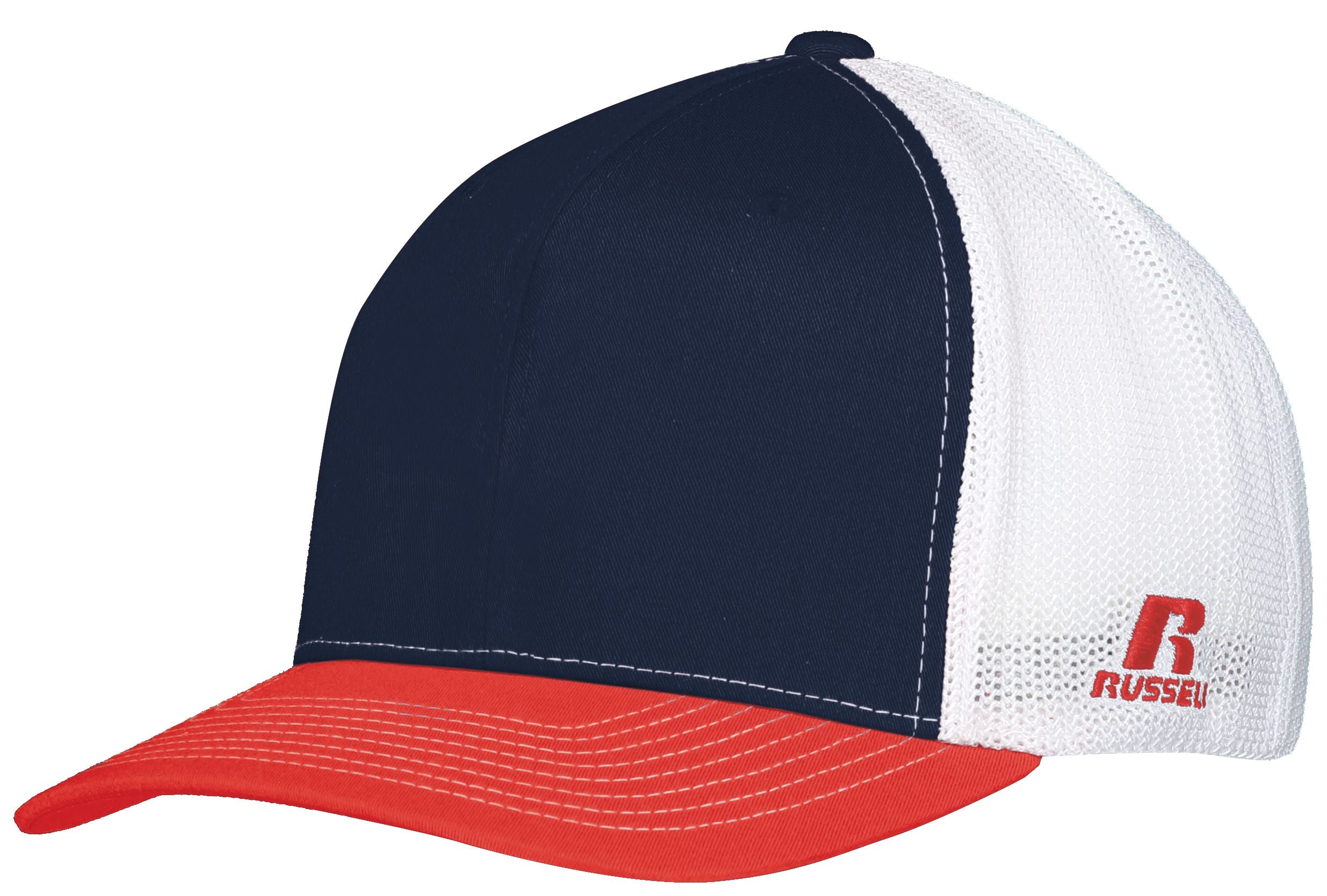 Russell Athletic Flexfit Twill Mesh Cap in Navy/True Red/White  -Part of the Adult, Headwear, Headwear-Cap, Russell-Athletic-Products product lines at KanaleyCreations.com