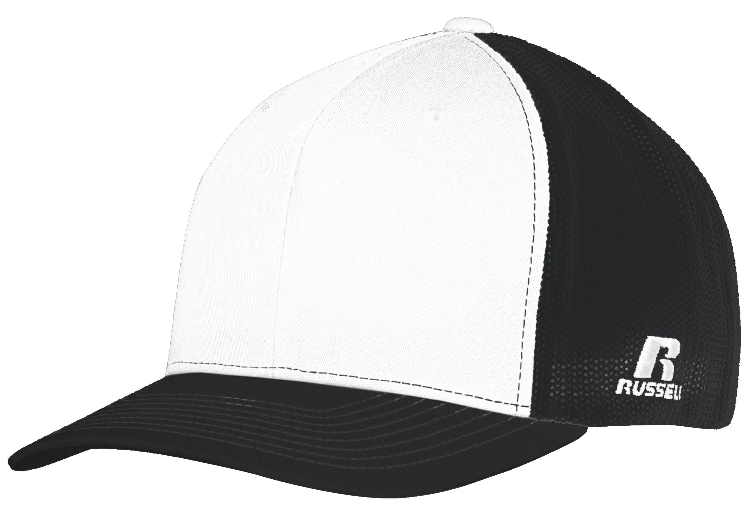 Russell Athletic Flexfit Twill Mesh Cap in White/Black  -Part of the Adult, Headwear, Headwear-Cap, Russell-Athletic-Products product lines at KanaleyCreations.com