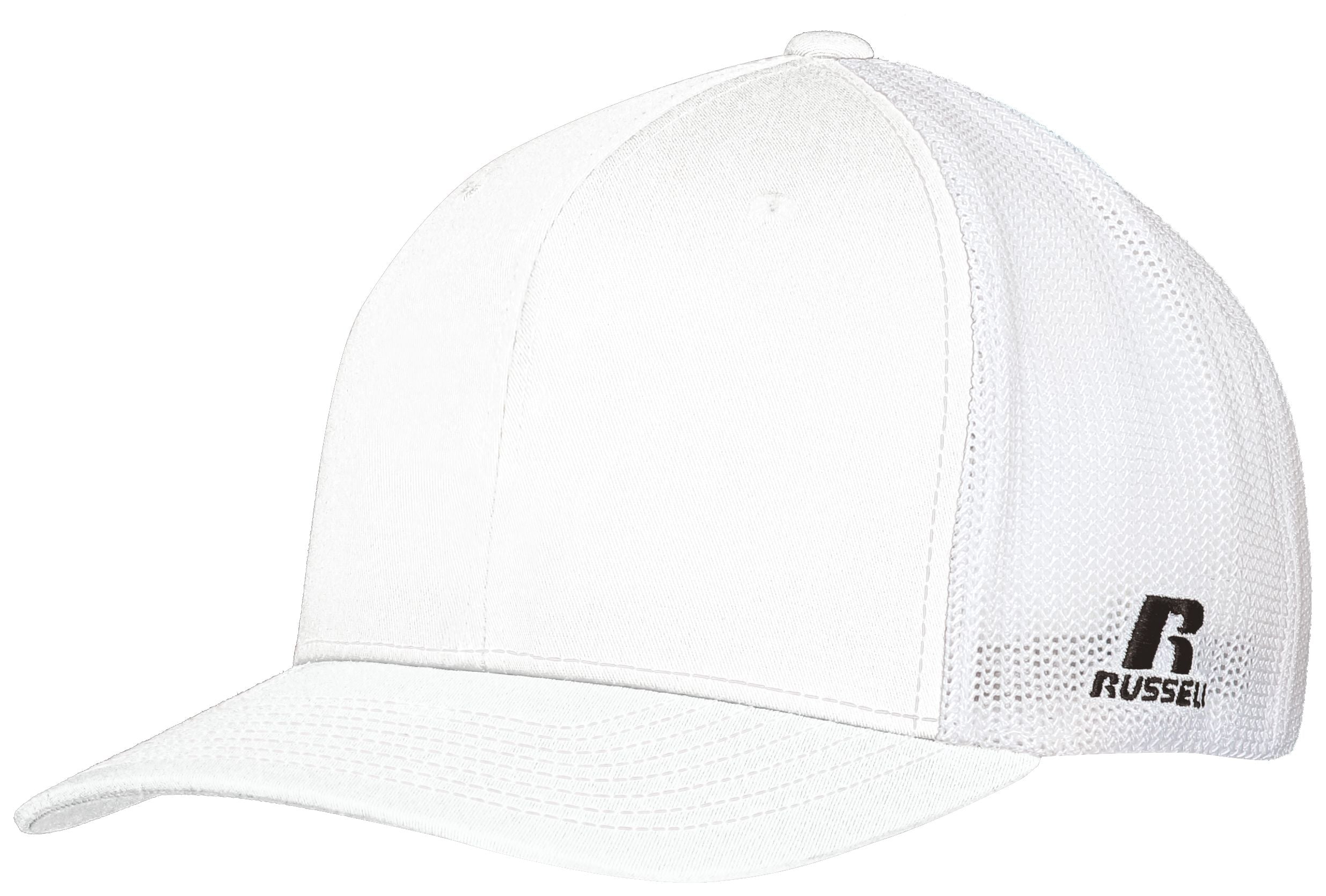 Russell Athletic Flexfit Twill Mesh Cap in White  -Part of the Adult, Headwear, Headwear-Cap, Russell-Athletic-Products product lines at KanaleyCreations.com